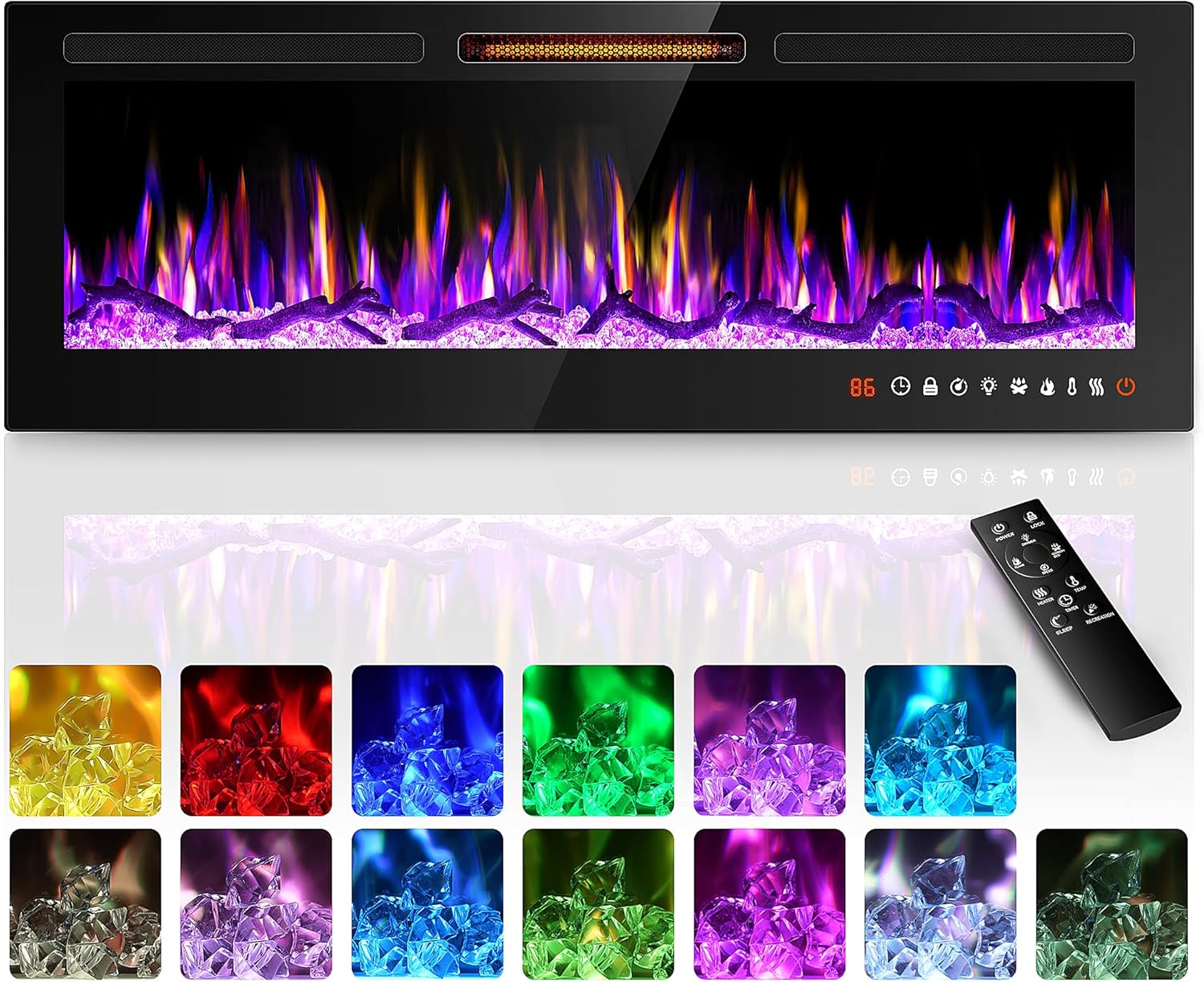 Riseon 60'' Electric Fireplace Heater, Recessed and Wall Mounted Freestanding Linear Fireplace, Ultra-Thin Wall Fireplace with 13 Adjustable Flame Color and 5 Brightness, Remote Control, 1500/750W