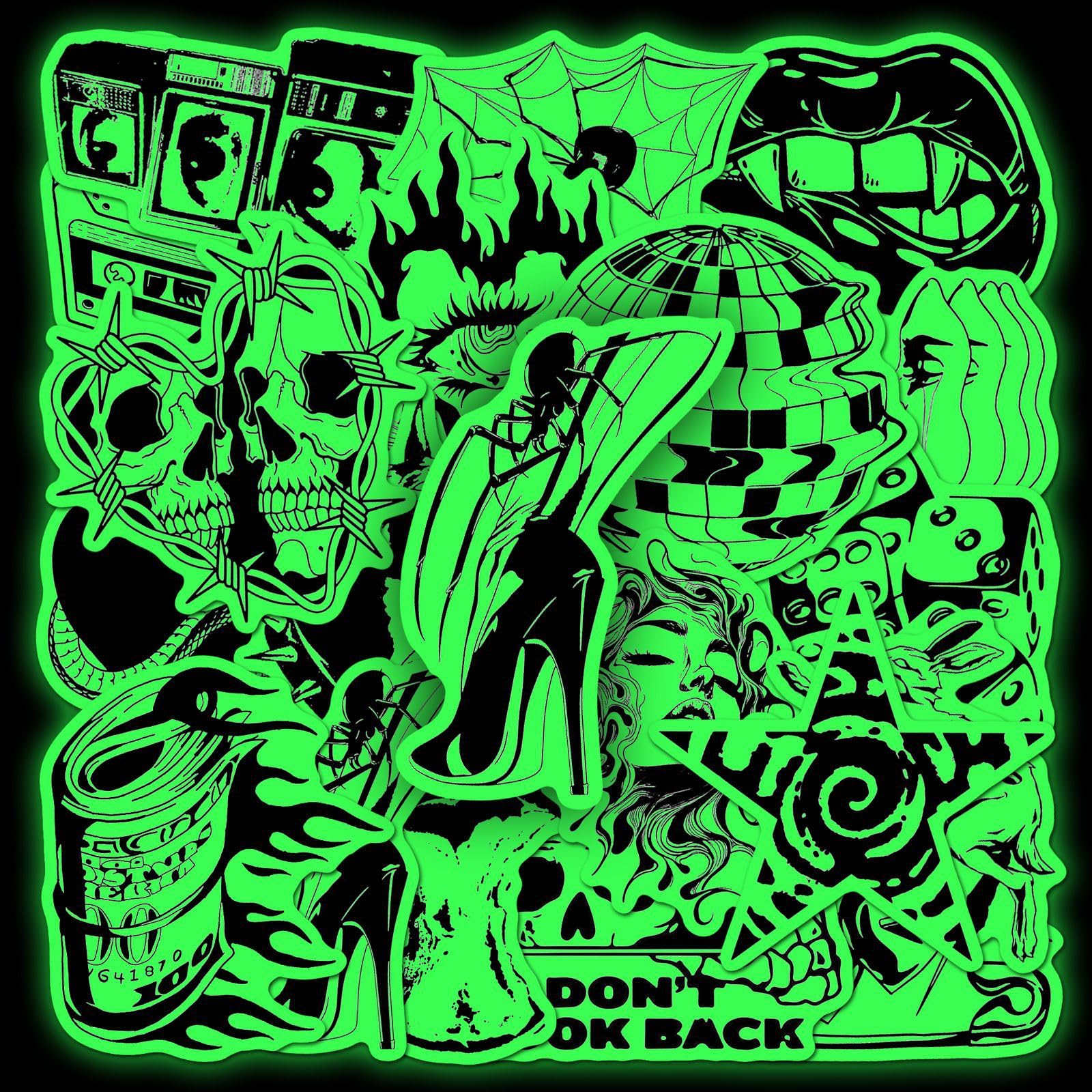 20Pcs Glow in The Dark Stickers Gothic Vinyl Decals for Laptops Skateboards Luggage Helmets Bikes and Phones Fans Lovers and Edgy Vibe Enthusiasts