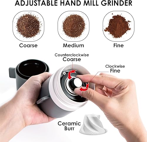 Miniatura 3 de Molinillo de café manual portátil, molinillo manual de granos de café con rebabas cónicas de cerámica, balancín plegable, grosor ajustable,