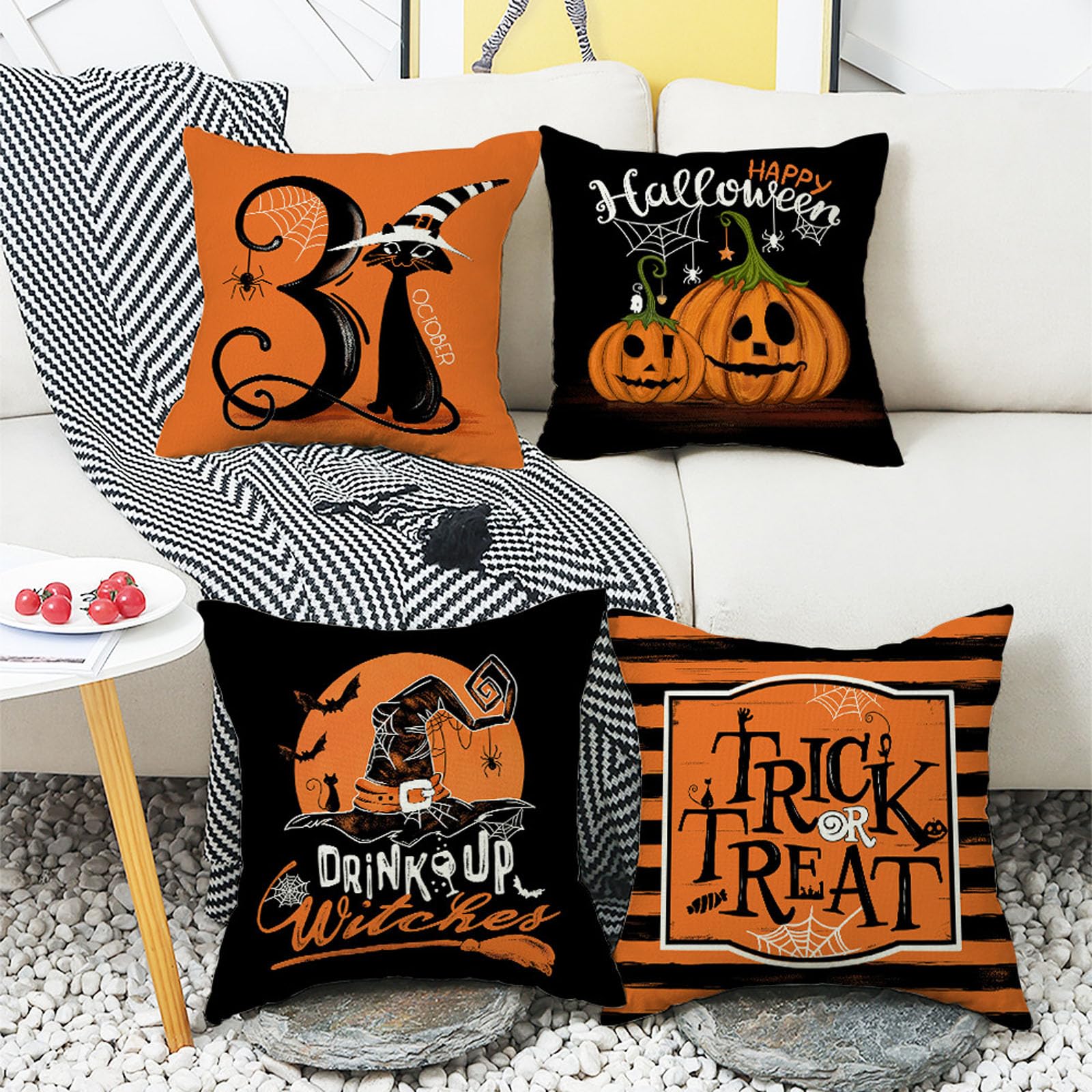 Pemarcy Halloween Kissenbezug 45x45 Cm 2er Set - Grusel Kürbis & Fledermaus Design