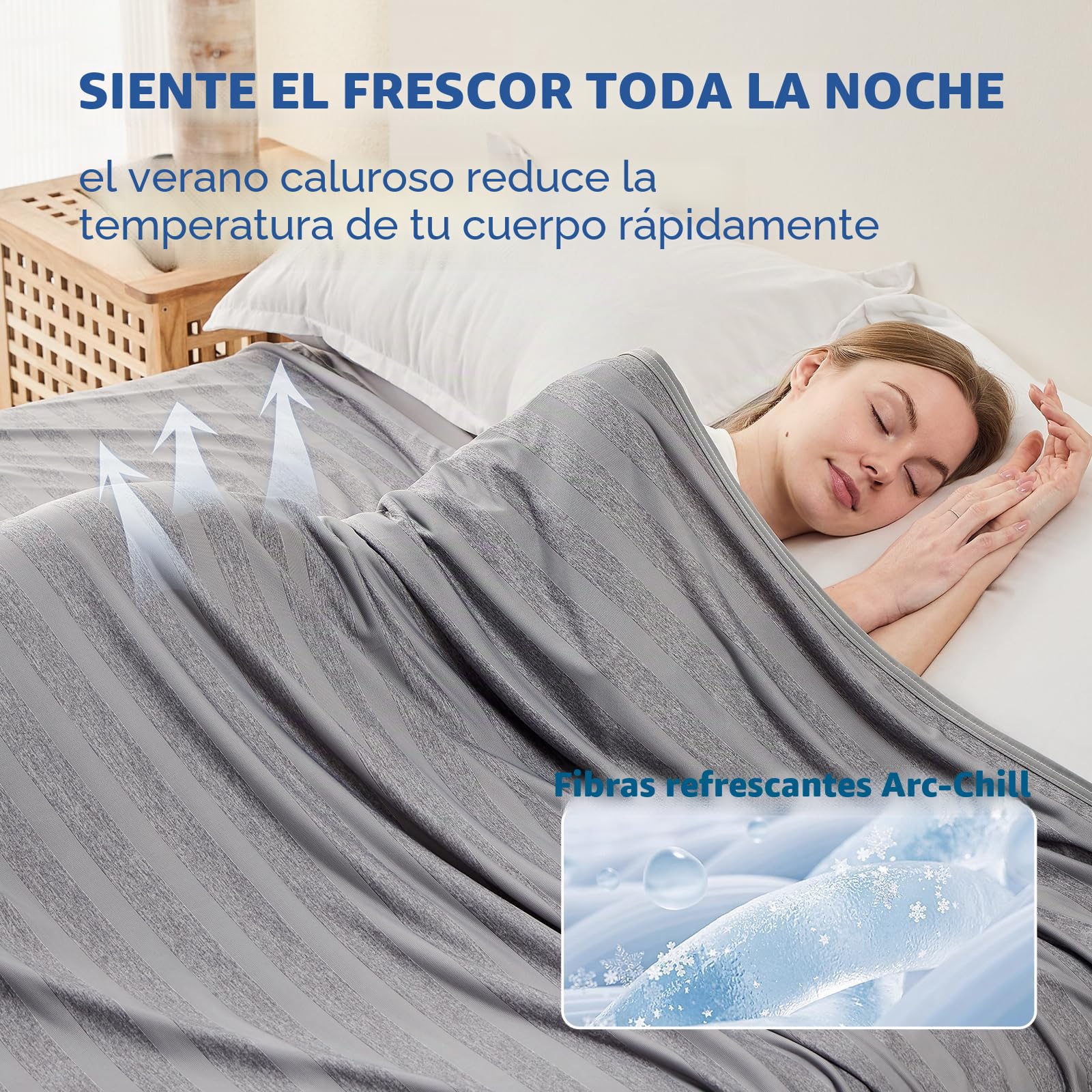 EMME Manta Refrescante de Enfriamiento, ARC-Chill Q-MAX>0.5, 152x203 cm, 2 en 1 Doble Cara - Manta Fina de Verano Ligera y Transpirable para Día, Sofá o Cama, Cubrecama Suave,Grau Gestreift