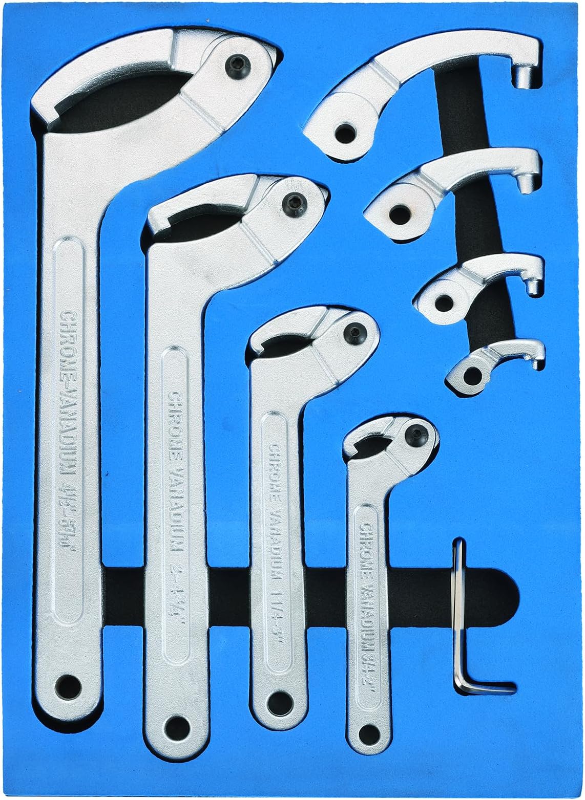 DASBET 8pcs Adjustable Pin Spanner Wrench Tool Set, C-Shape Pin Hook Wrenches with Changeable Head for Pipes Heating Cars, Spanner Nut Wrench for Suspension System, 3/4" to 6-1/10"