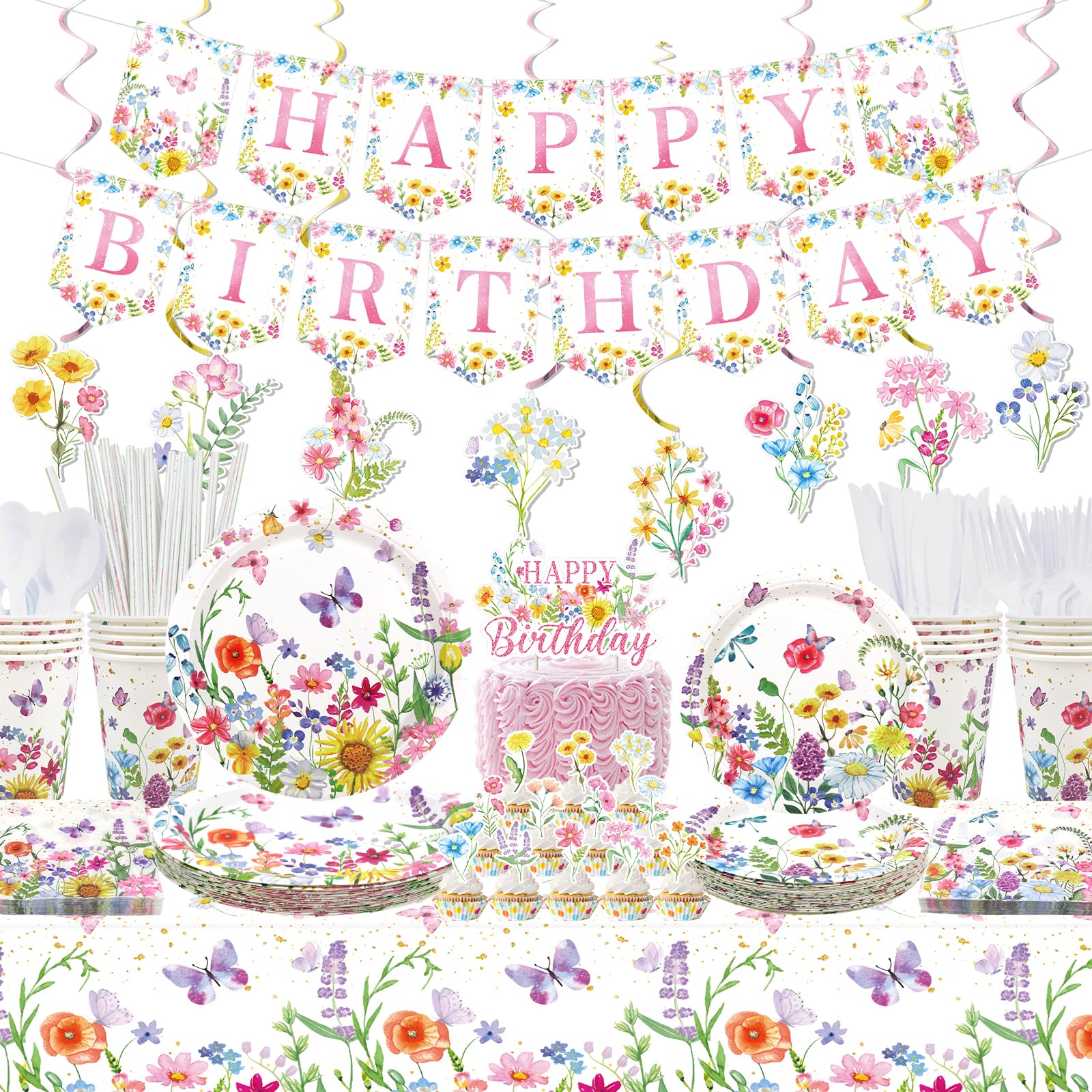 Wildflower Birthday Party Decorations - floral Party Supplies, Plates Cups Napkins Tablecloth Happy Birthday Banner Cake Toppers Hanging Swirls for Spring Summer Picnics Weddings Tea Party