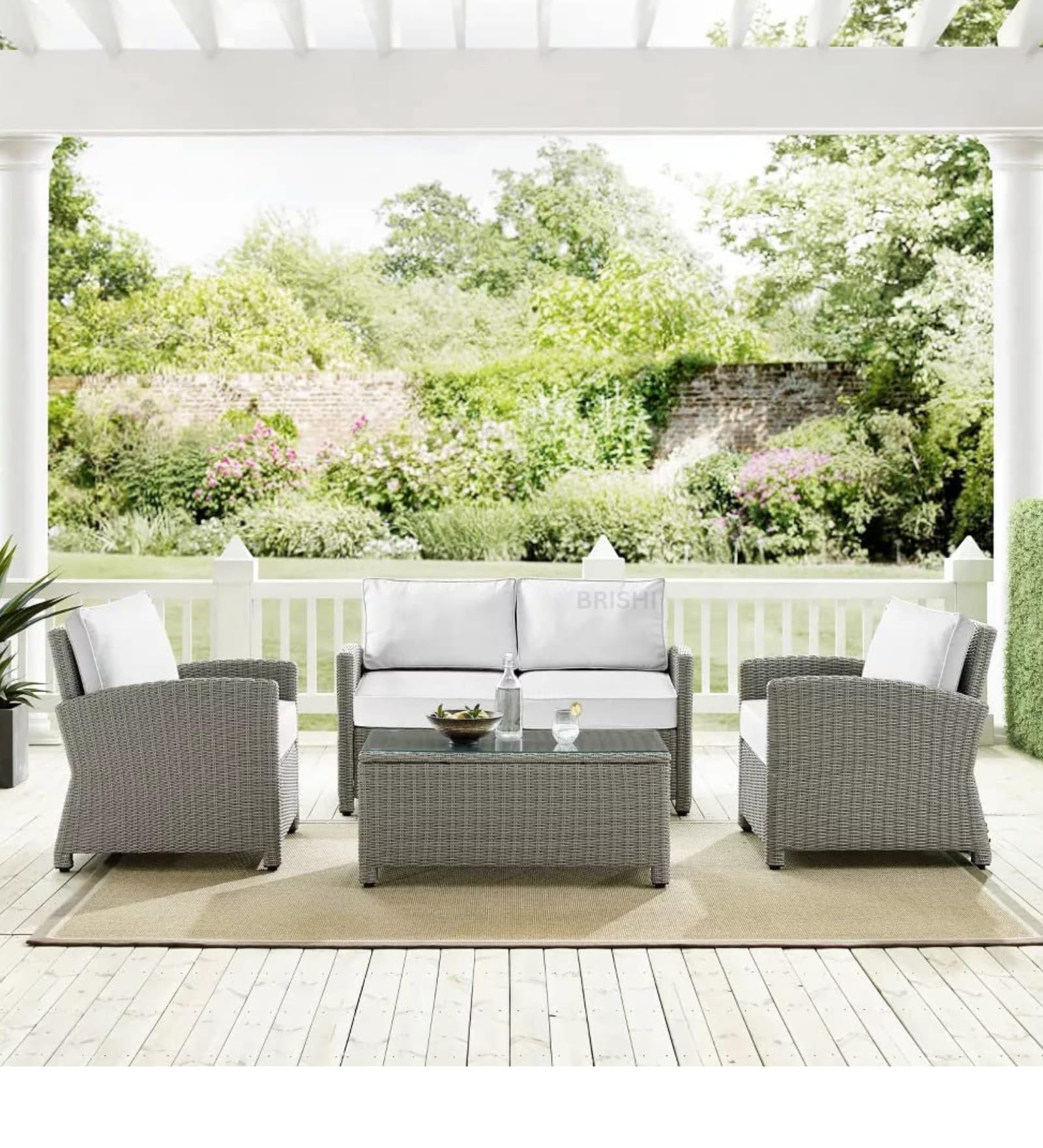 Oasis Outdoor Sofa Set | Patio Furniture Sets | Balcony Sofa | Indoor Sofa | Wicker Rattan Garden Sofa Set with Cushion and Center Table (4 Seater, Grey with White Cushions)