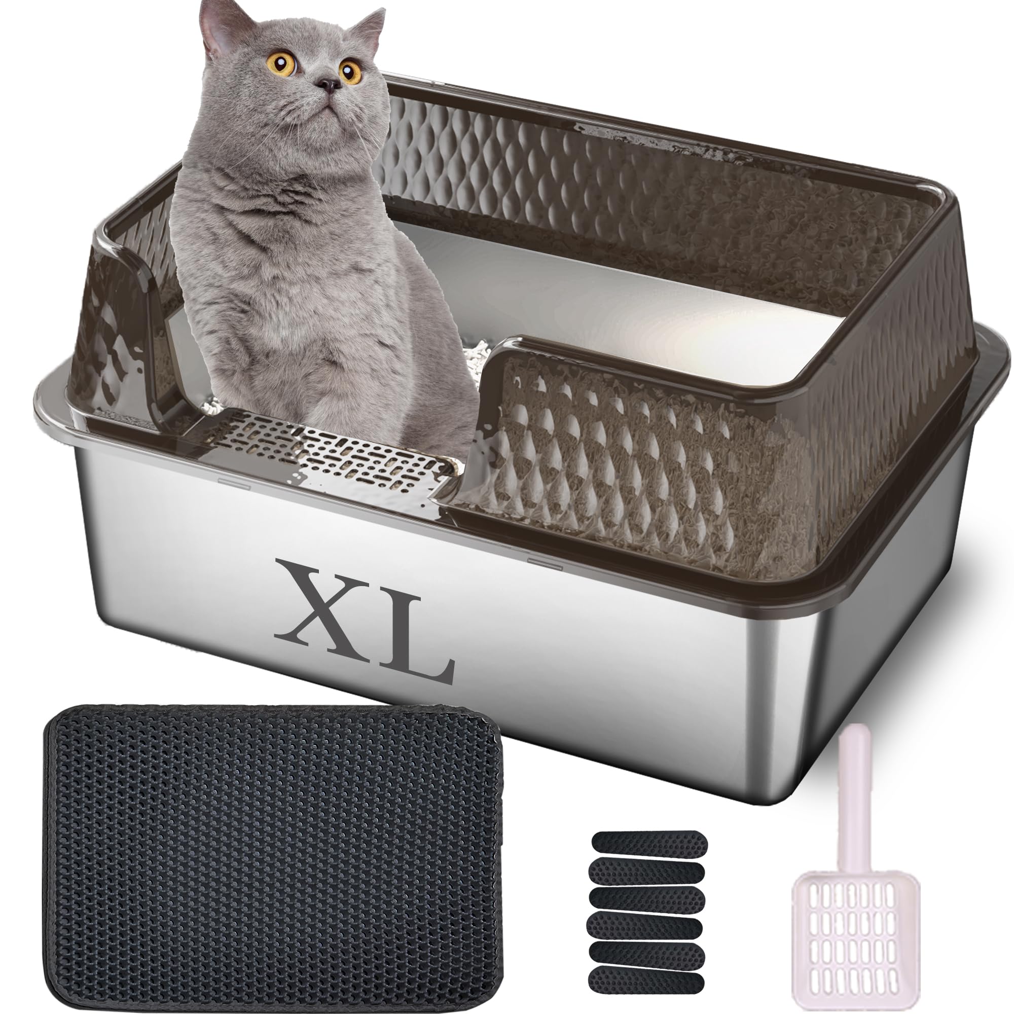 Suhaco Medium Stainless Steel Litter Box Side Entry High Walls Deep Metal Large Cat Litter Boxes Low Entry with High Sided Removable Lid, Litter Mat