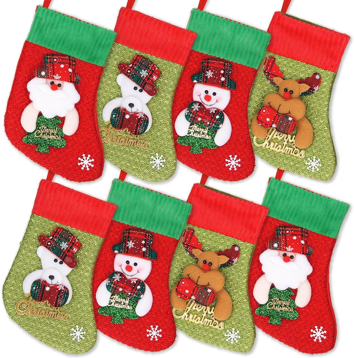 LimBridge Christmas Mini Stockings, 8 Pack 8 inches Small 3D Kids Glitter Set, Felt Xmas Tree Santa Claus Snowman Reindeer Gift Card Silverware Holders, Mini Personalized Holiday Treat Bags