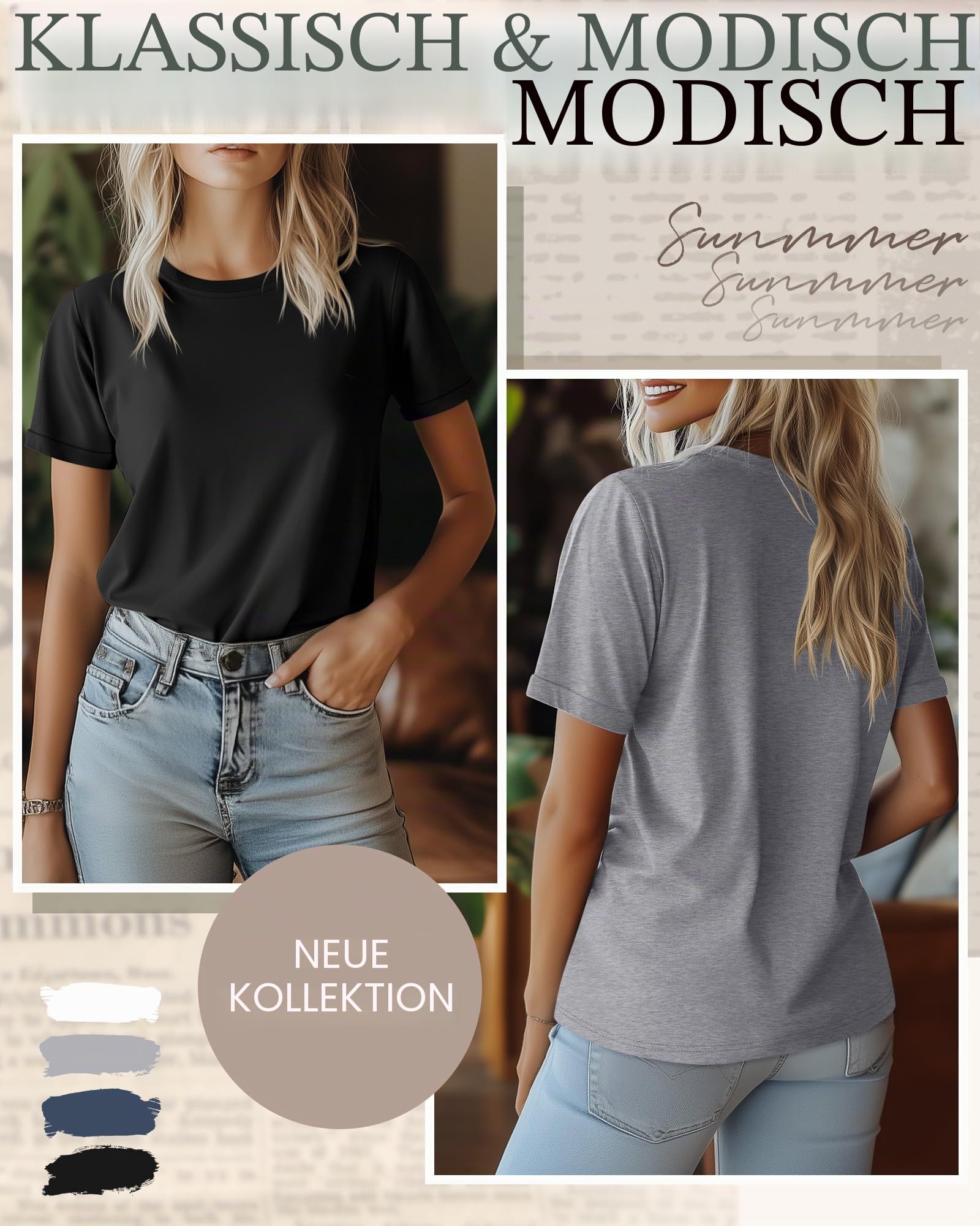 Ficerd 4er-Pack Damen-Baumwoll-T-Shirts Lässige Kurzarm-Tops Sommer-Shirt mit Lockerer Passform und Hochgekrempelten Ärmeln