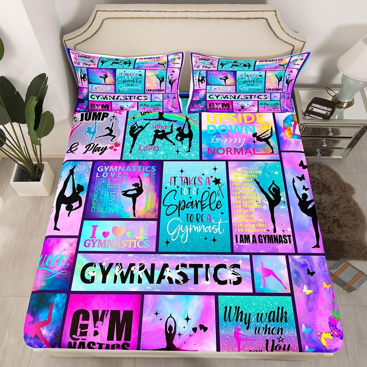 Gymnastics Gifts Bed Sheet, Gymnast Lovers Bedding Set Twin Size for Kids Girls Teens Women Room Decor, Geometric Checkered Fitted Sheet Colorful Tie Dye Pastel Bedding Decor Set - Deep Pocket