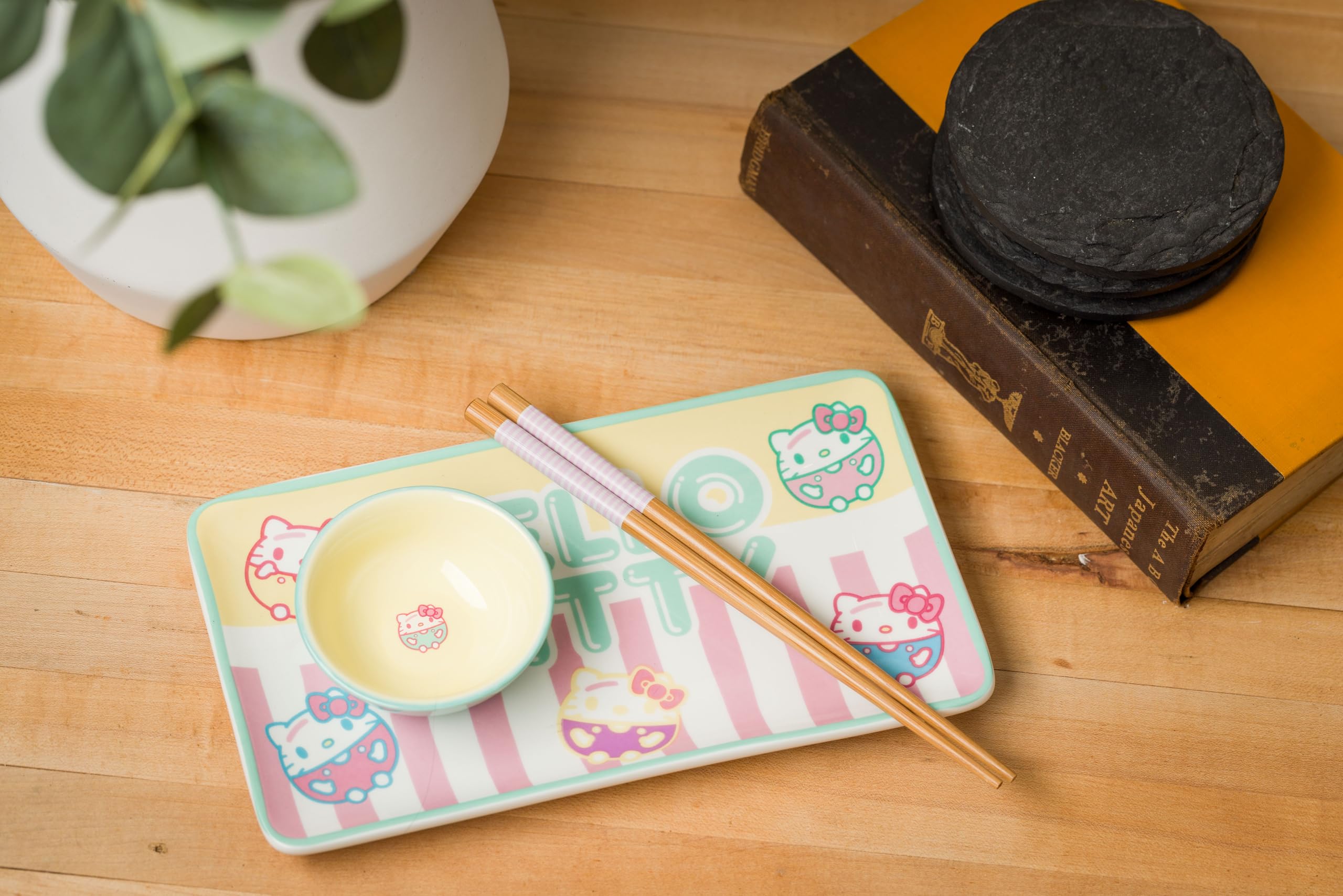 Silver Buffalo Sanrio Kawaii Ceramic Sushi Set with Dipping Sauce Dish and Matching Chopsticks: Mini Hello Kitty Pastel