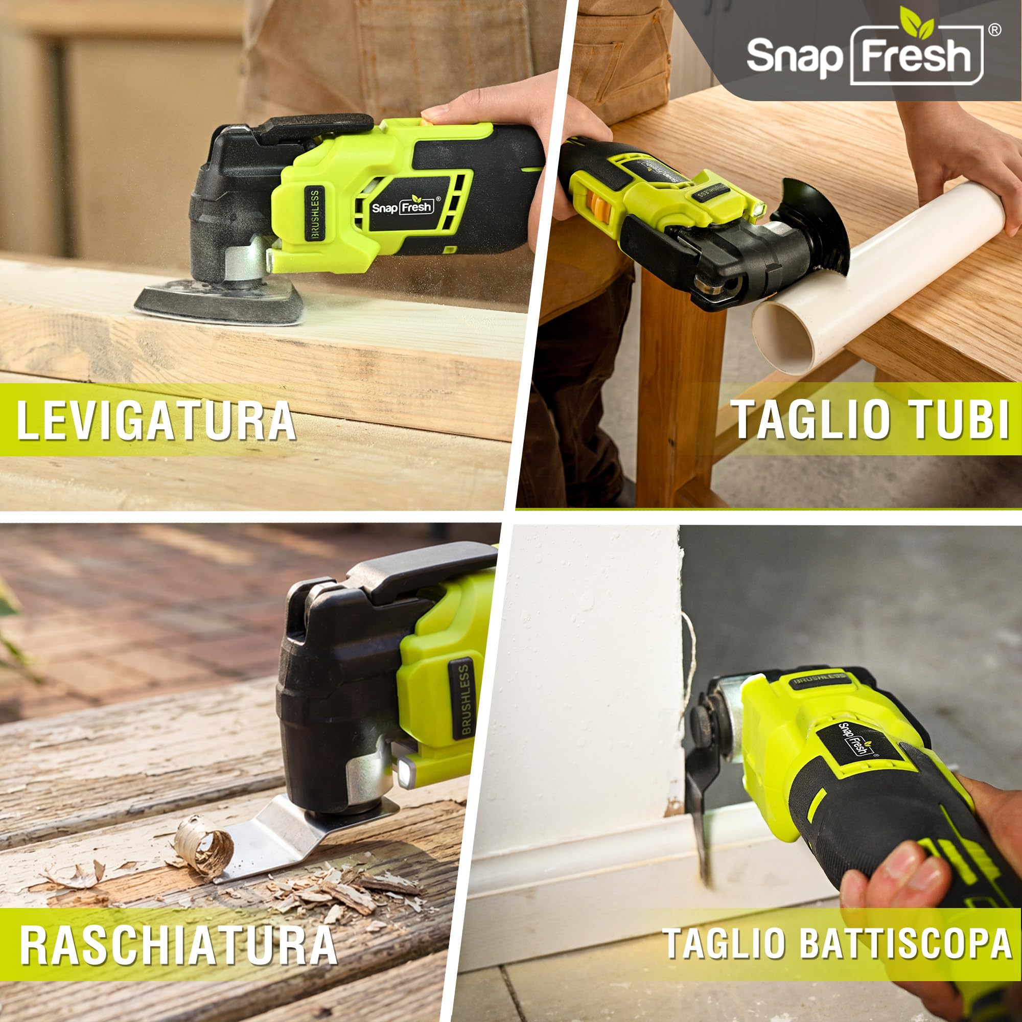 SnapFresh Utensile Multifunzione Oscillante 20V Senza Fili e Senza Spazzole, Tecnologia Anti-Vibrazione VibeNeutral, 6 Velocità Variabili, Angolo 4°, Batteria 2,0 Ah, Caricatore Rapido e Borsa