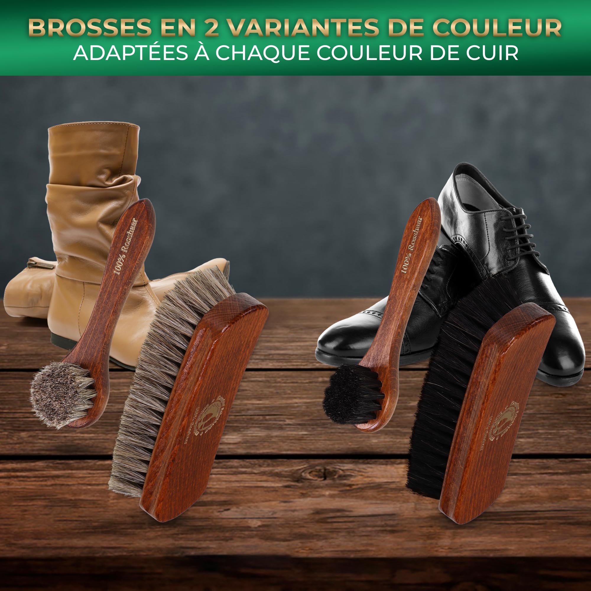 Langlauf Schuhbedarf - Brosse à chaussures en crin de cheval - Kit de 4 brosses - Bois de hêtre laqué - Marron - Pour chaussures, meubles en cuir, sacs et vêtements - Fabriqué en Allemagne