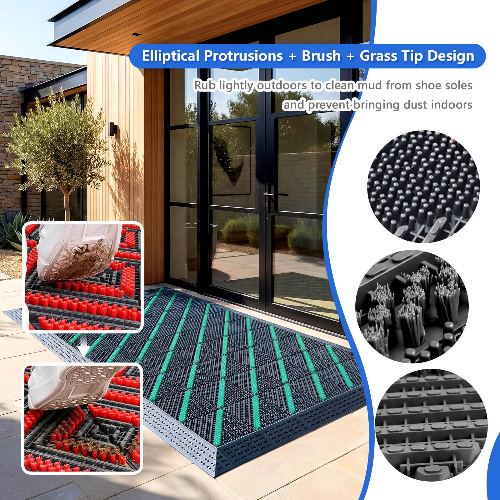 Paillasson d'entrée avec carreaux emboîtables et brosse, durable, robuste, antidérapant, intérieur/extérieur, toutes saisons, facile à nettoyer pour garage, terrasse, entrée à grande circulation