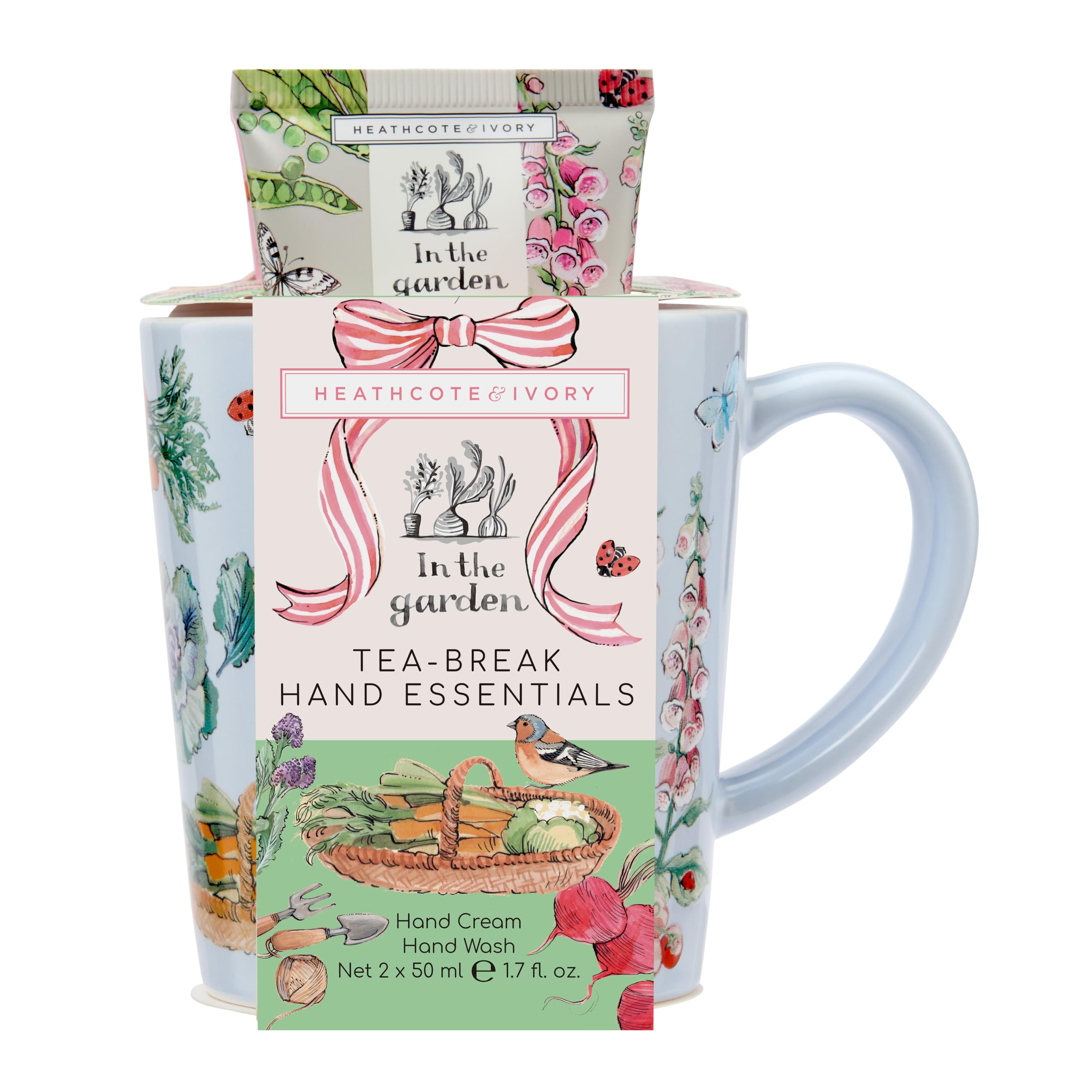 Heathcote & Ivory Hand Cream x2 50ml, Ceramic Mug For Tea or Coffee, Moisturiser, Shea Butter, Sweet Rhubarb and Lilac Blossom Fragrance, Travel Size, Vegan and Cruelty Friendly, Gift for Gardeners