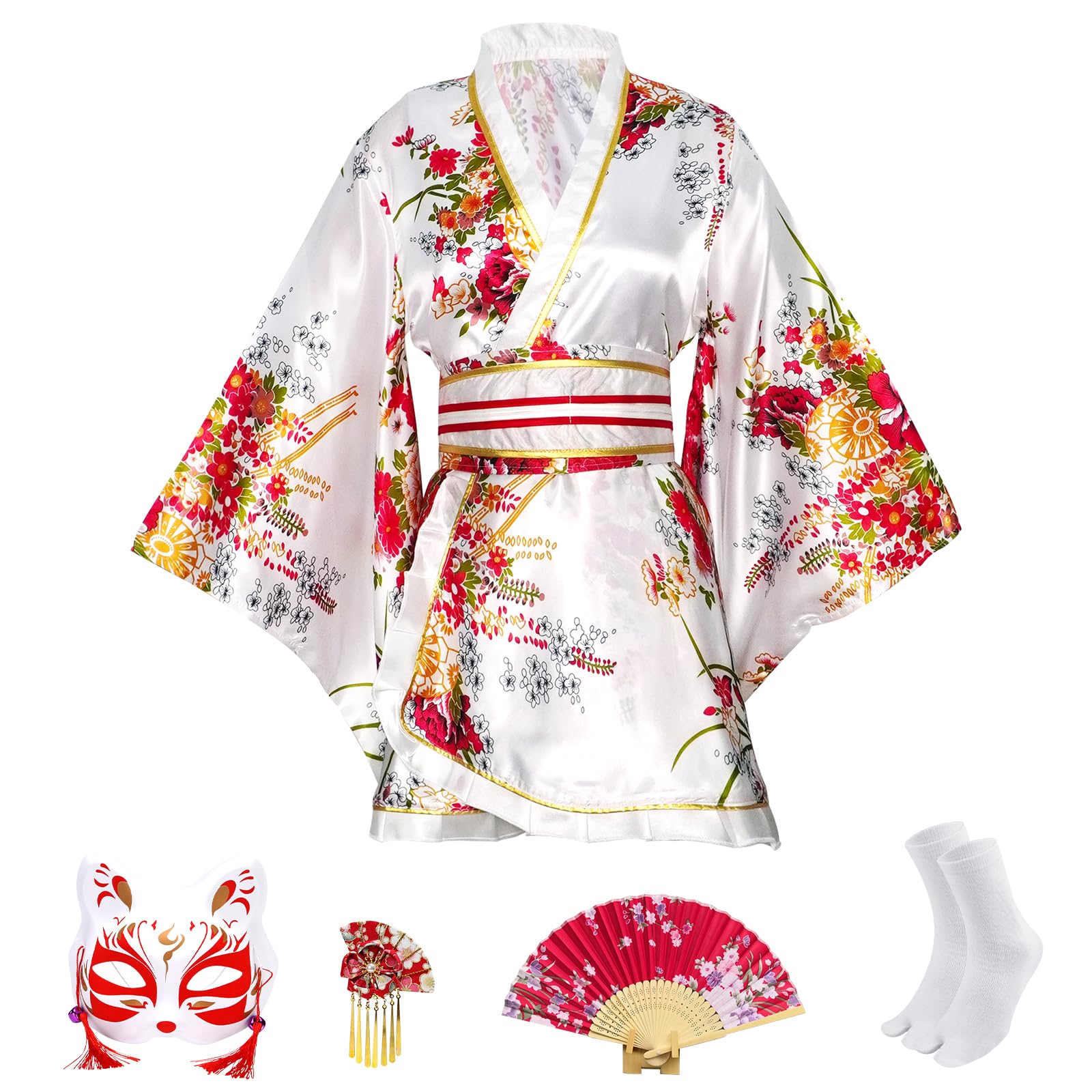 5 Piezas Kimono Mujer Corto con Estampado Floral, Inspirado en el Yukata Japonés con Accesorios, Conjunto Completo para Cosplay, Fiesta, Carnaval
