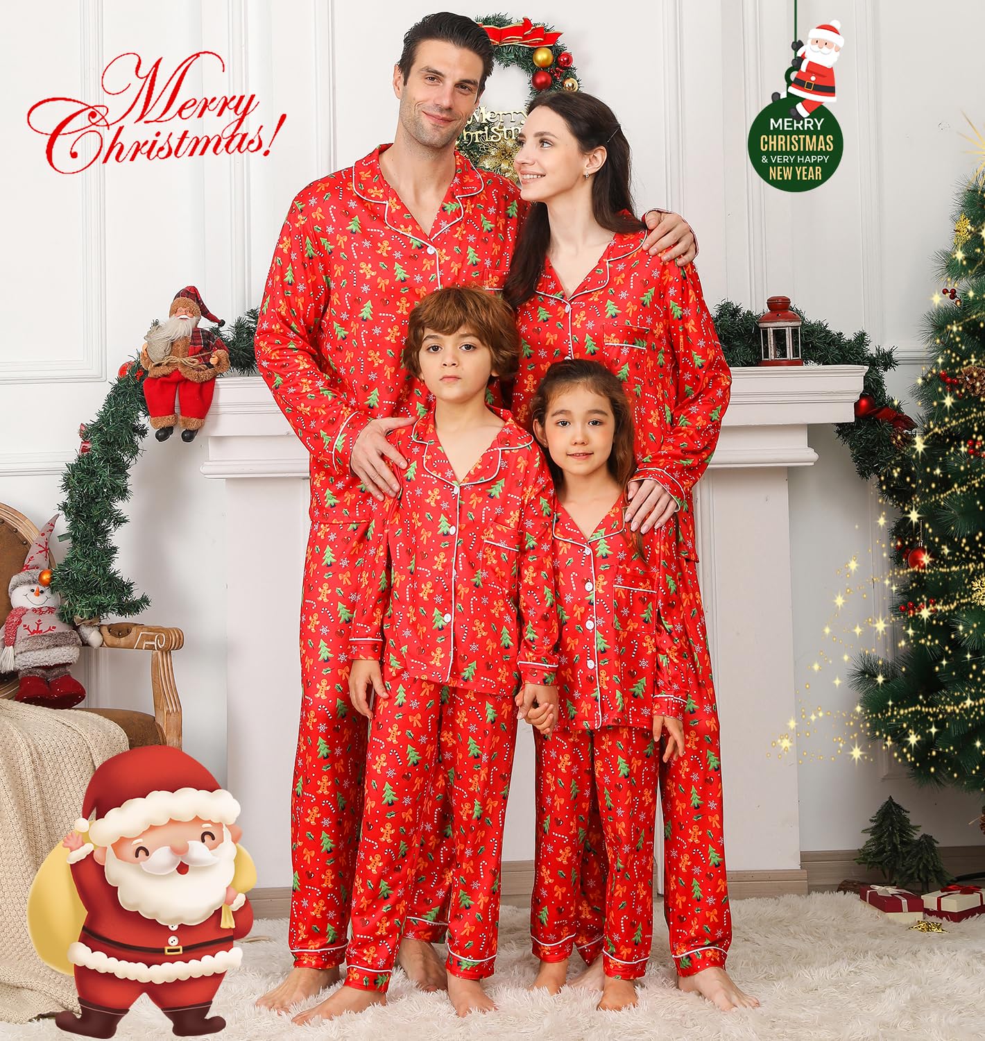 ANGELGGH Pijamas familiares de Navidad a juego, conjunto de 2 piezas de pijamas de fiesta para festivales, vacaciones, ropa de dormir cálida para parejas con botones