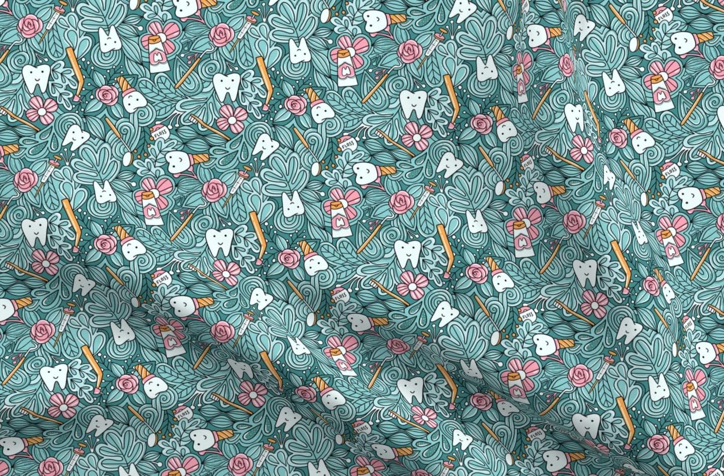 Spoonflower Fabric - Dentist Teeth Doodles Cute Tooth Scrubs Printed on Organic Cotton Sateen Fabric by The Yard - Sewing Quilting Apparel Home Decor