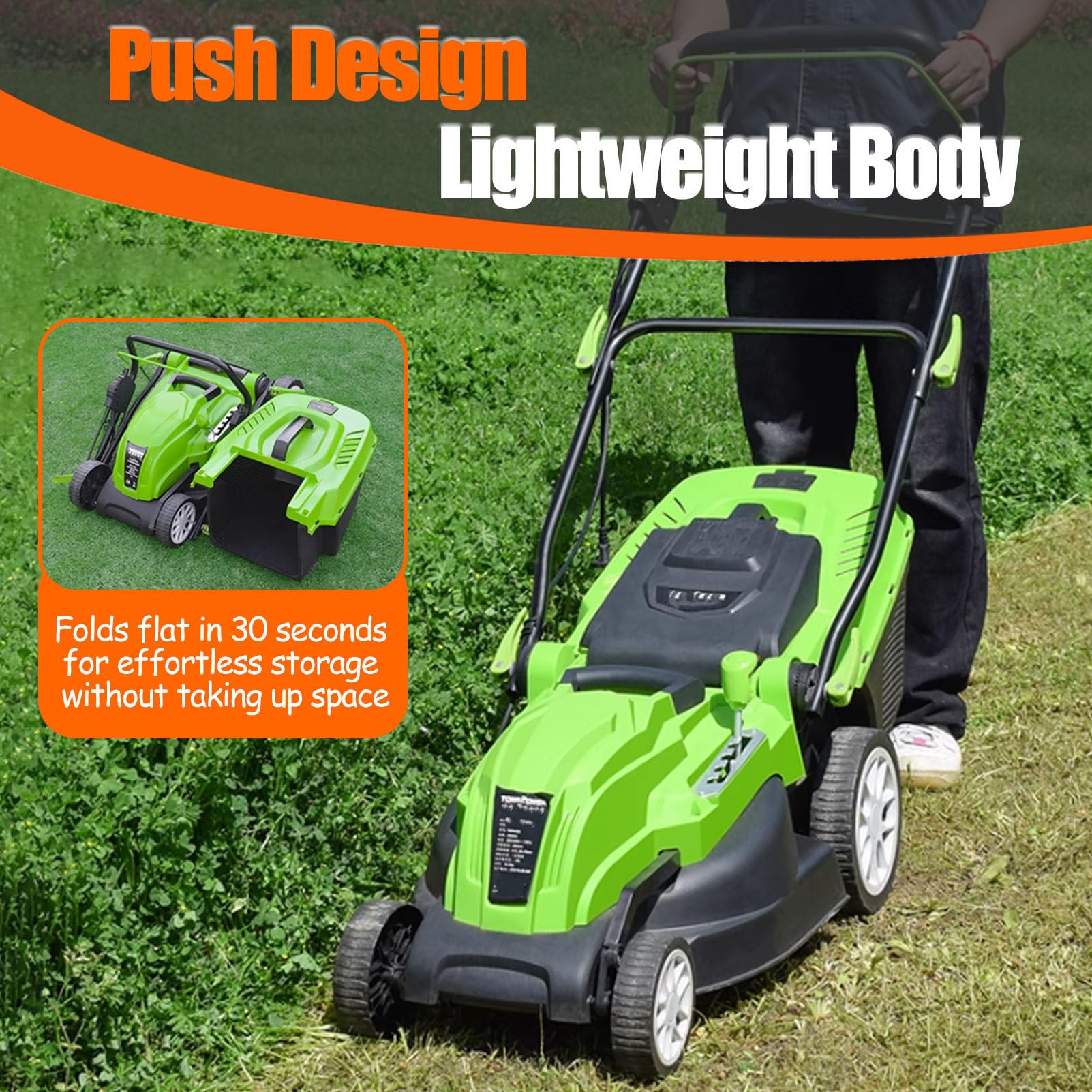CortacéSped Manual, Escarificador EléCtrico con Cable, con Bolsa De Recogida De 45 litros, Ajuste De Profundidad En 5 Posiciones, para CéSped, JardíN Y Patio 2100W/32CM-Cord0M