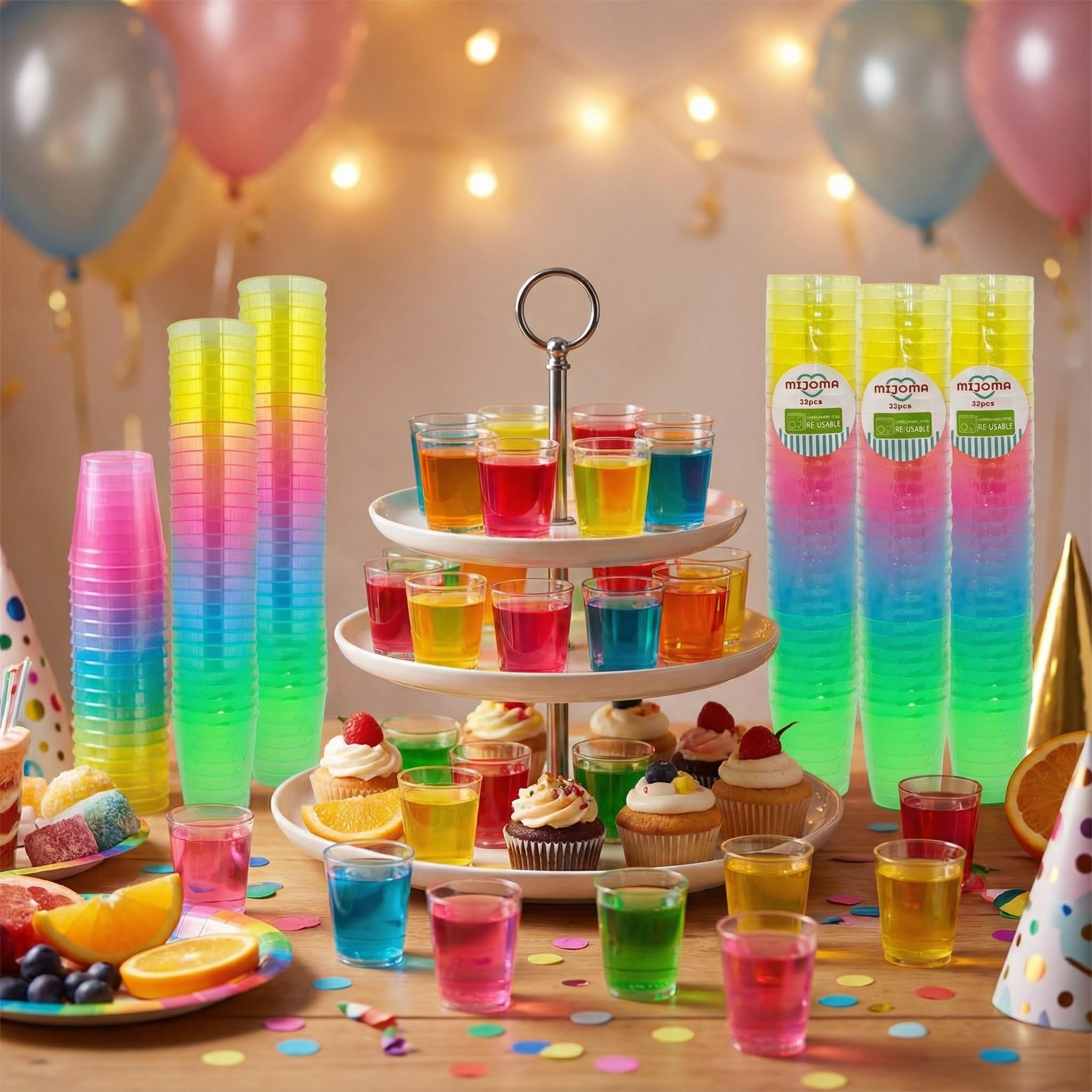MIJOMA Lot de 640 verres à liqueur incassables en plastique robuste pour jello shots, desserts, fêtes, mariages, anniversaires, passent au lave-vaisselle, réutilisables, 29 ml (arc-en-ciel)