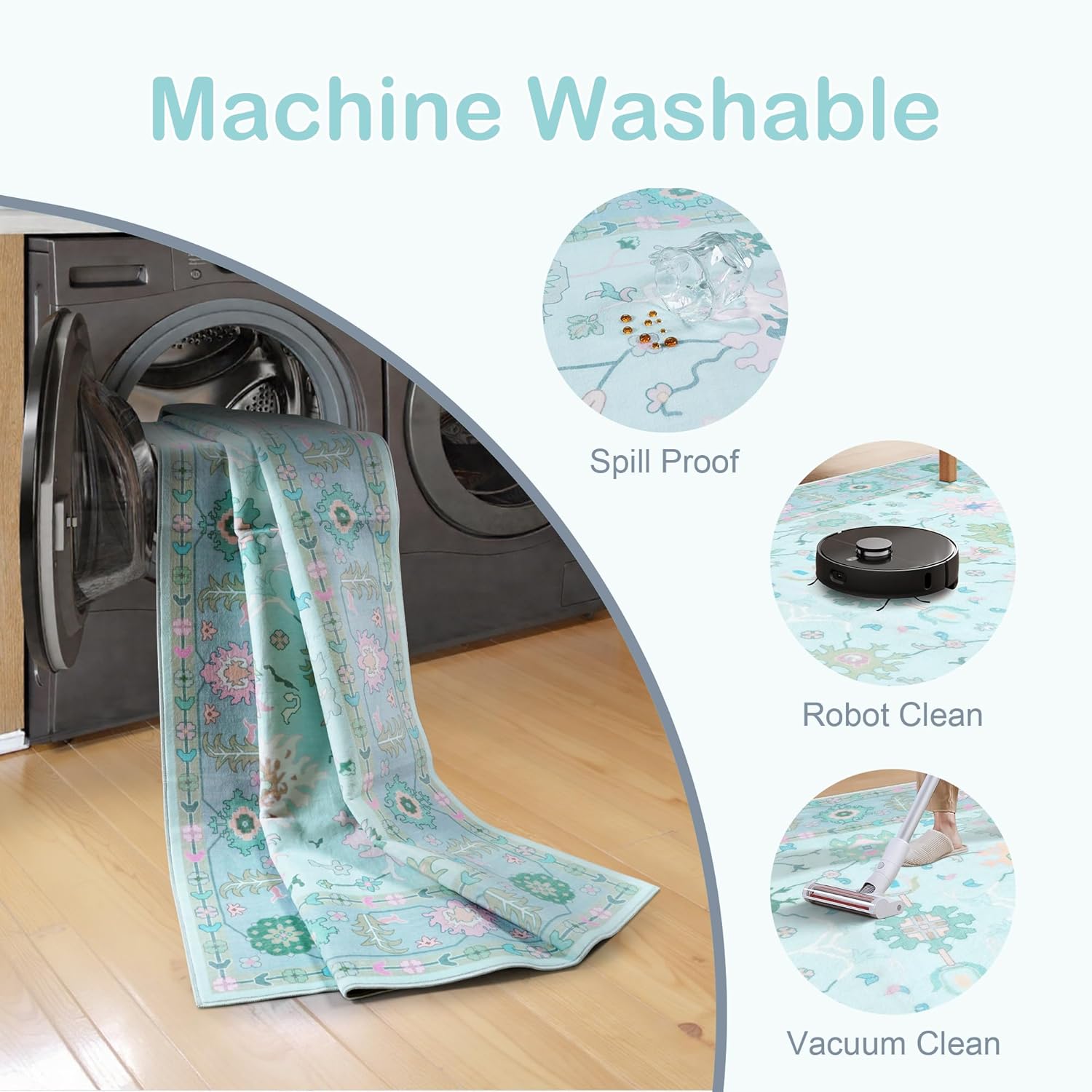 LIVEBOX Washable Oushak Rug Non Slip 8 x 10 Rugs for Living Room, Soft Turkish Rug for Bedroom, Boho Floral Mat Large Indoor Carprt for Kids Nursery, Dining Room, Home Office, Blue