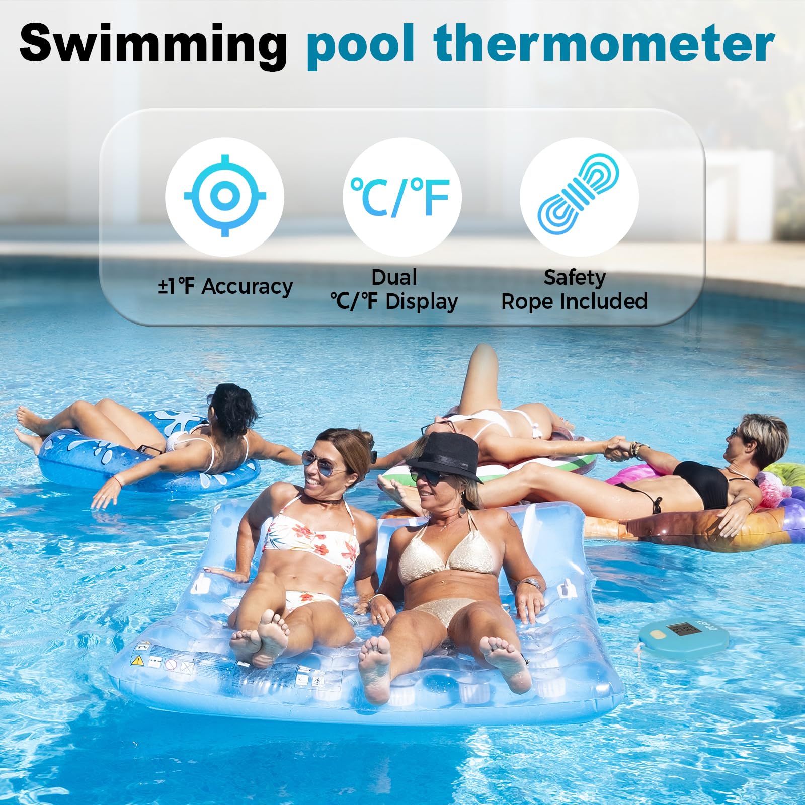 Termometro da piscina, tester digitale della temperatura dell'acqua con display LCD per piscine, spa, vasche idromassaggio e acquari (blu/verde)