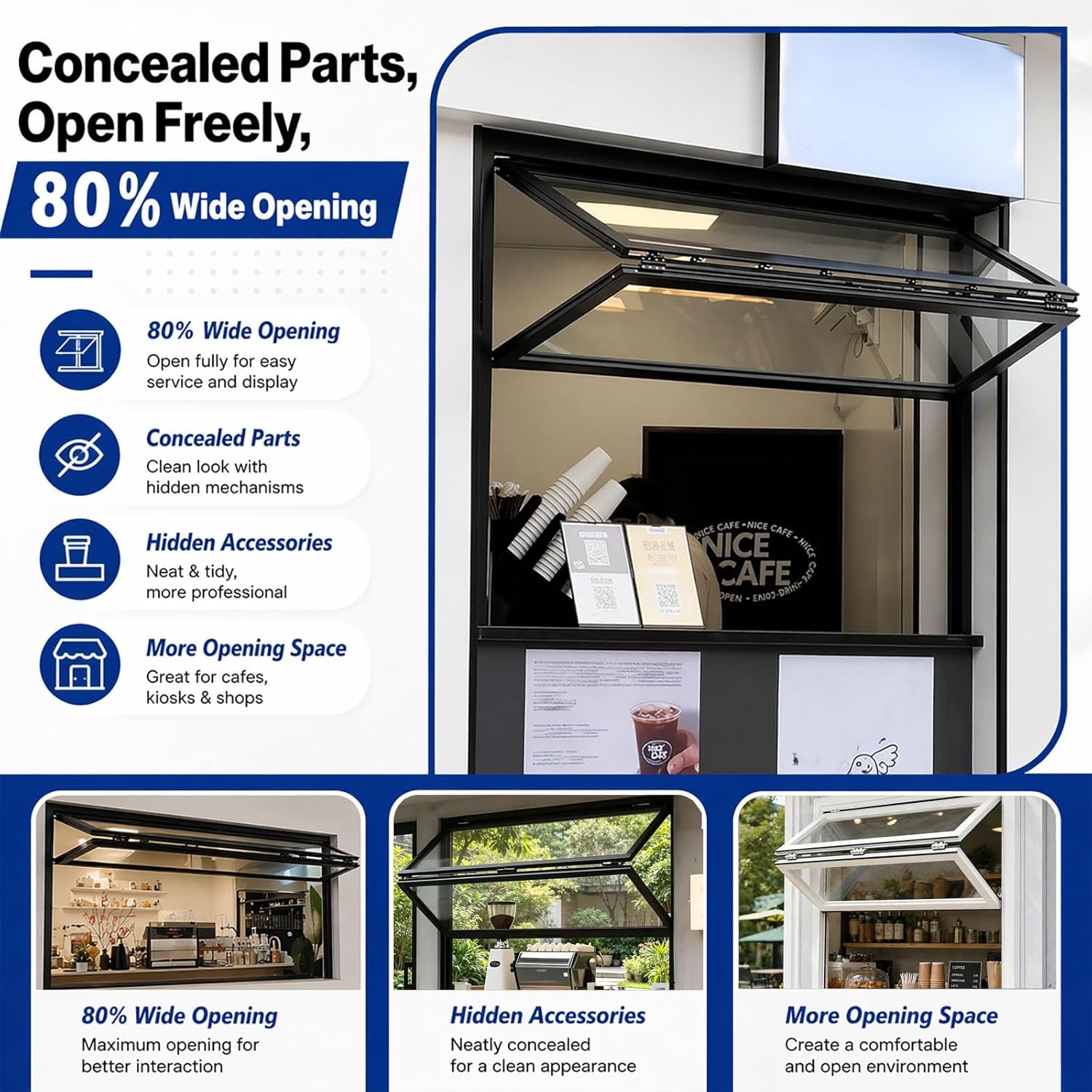 Concession Serving Window for Food Truck, Folding Serving Window with Glass and Lock, Vertical Sliding Aluminum Frame Window, Double Hung Service Window(B Frameless Bottom,WxH 20x28in)