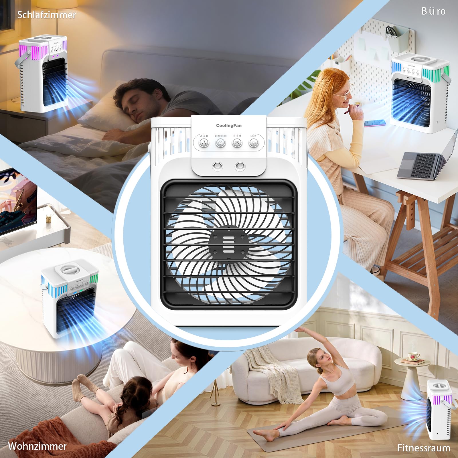 Klimaanlage Mobil, 4-in-1-Mobile Klimageräte mit Fernbedienung/3 Geschwindigkeiten/3 Nebelmodi/1200-ml-Wassertank/2-8-Stunden-Timer/Nachtlicht, Klimaanlage ohne Abluftschlauch für Zimmer Büro Camping