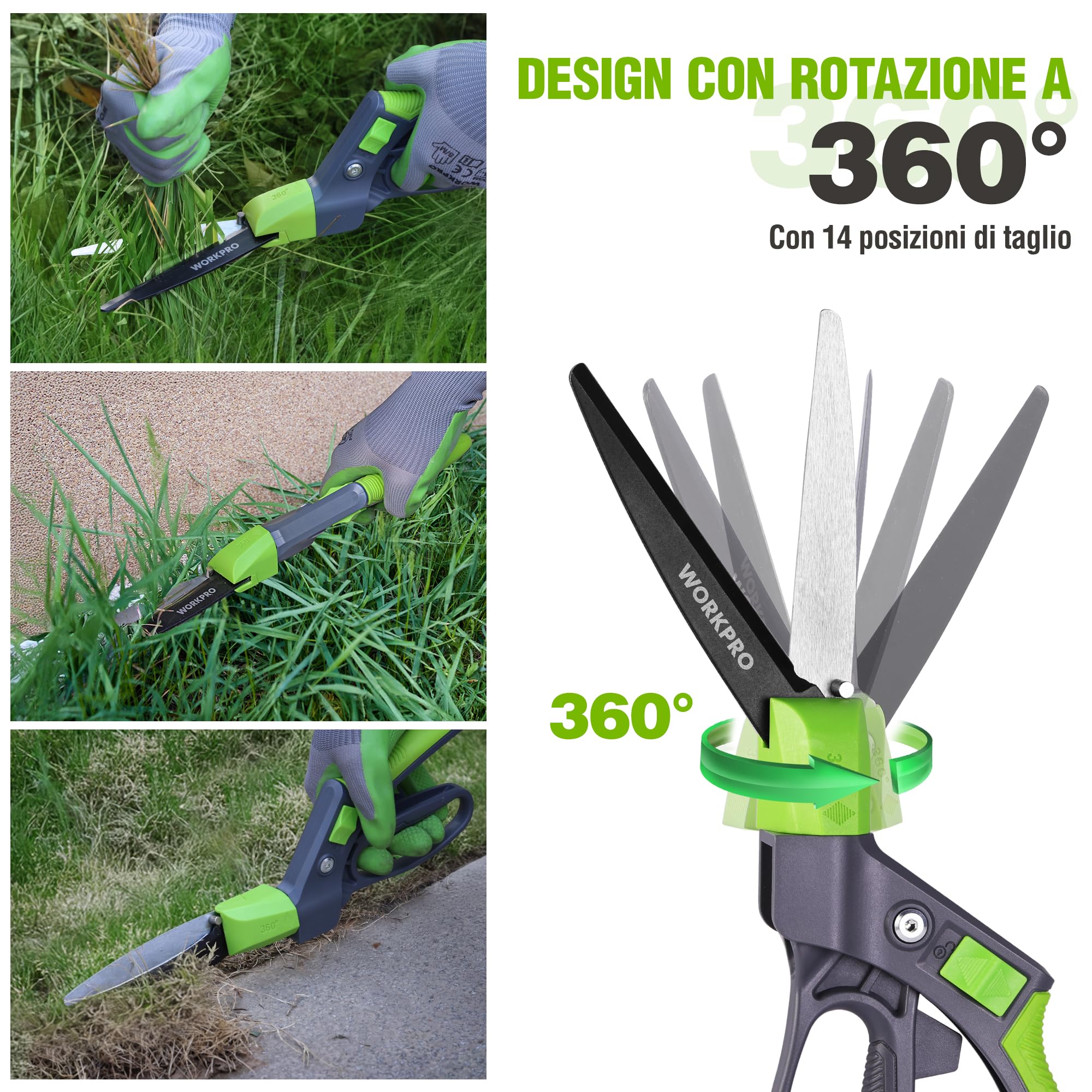 WORKPRO Forbici da Erba Rotanti 360°, Cesoie da Giardino 350mm con Lama Rivestita Antiruggine, Impugnatura Ergonomica, Blocco di Sicurezza per Prato, Piante e Bonsai
