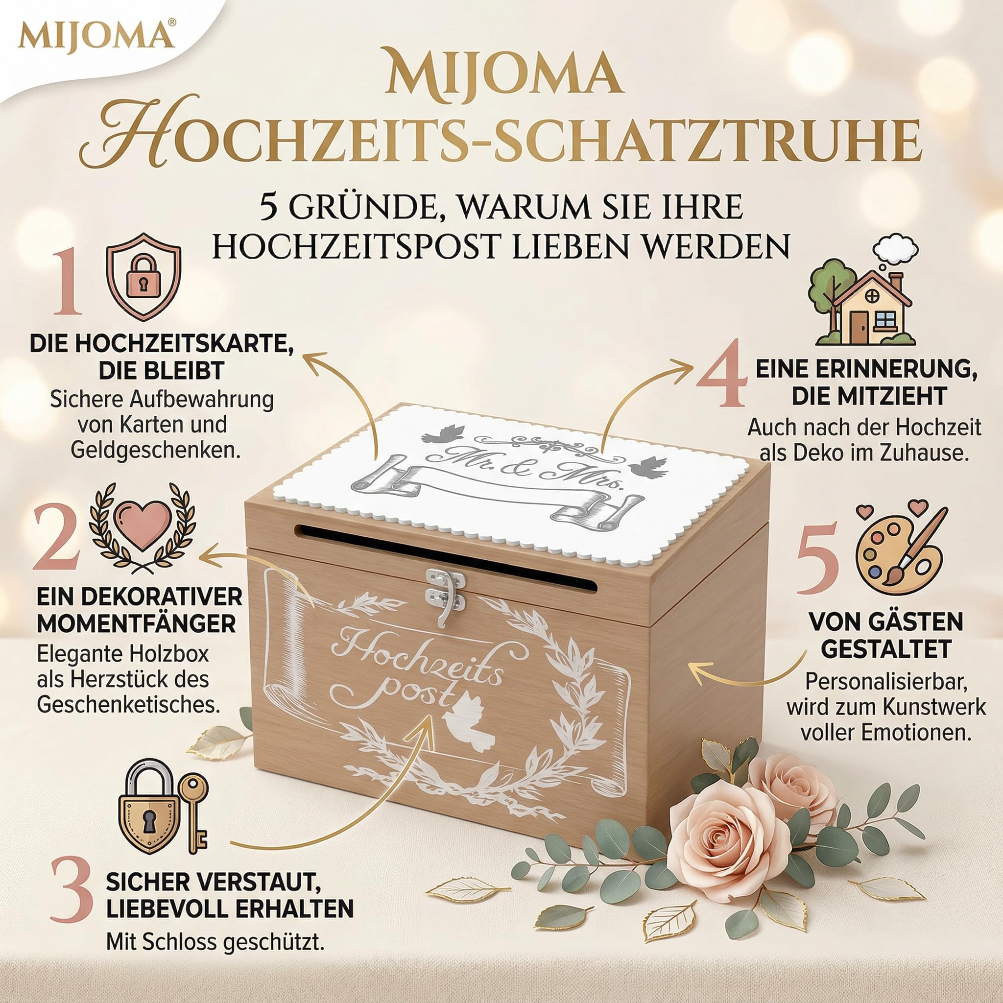 MIJOMA Hochzeitsbriefkasten aus Holz – Kartenbox für Geldgeschenke & Glückwünsche – Hochzeitspost Box mit Schlitz & Schloss – Dekoration & Erinnerungsbox für das Brautpaar