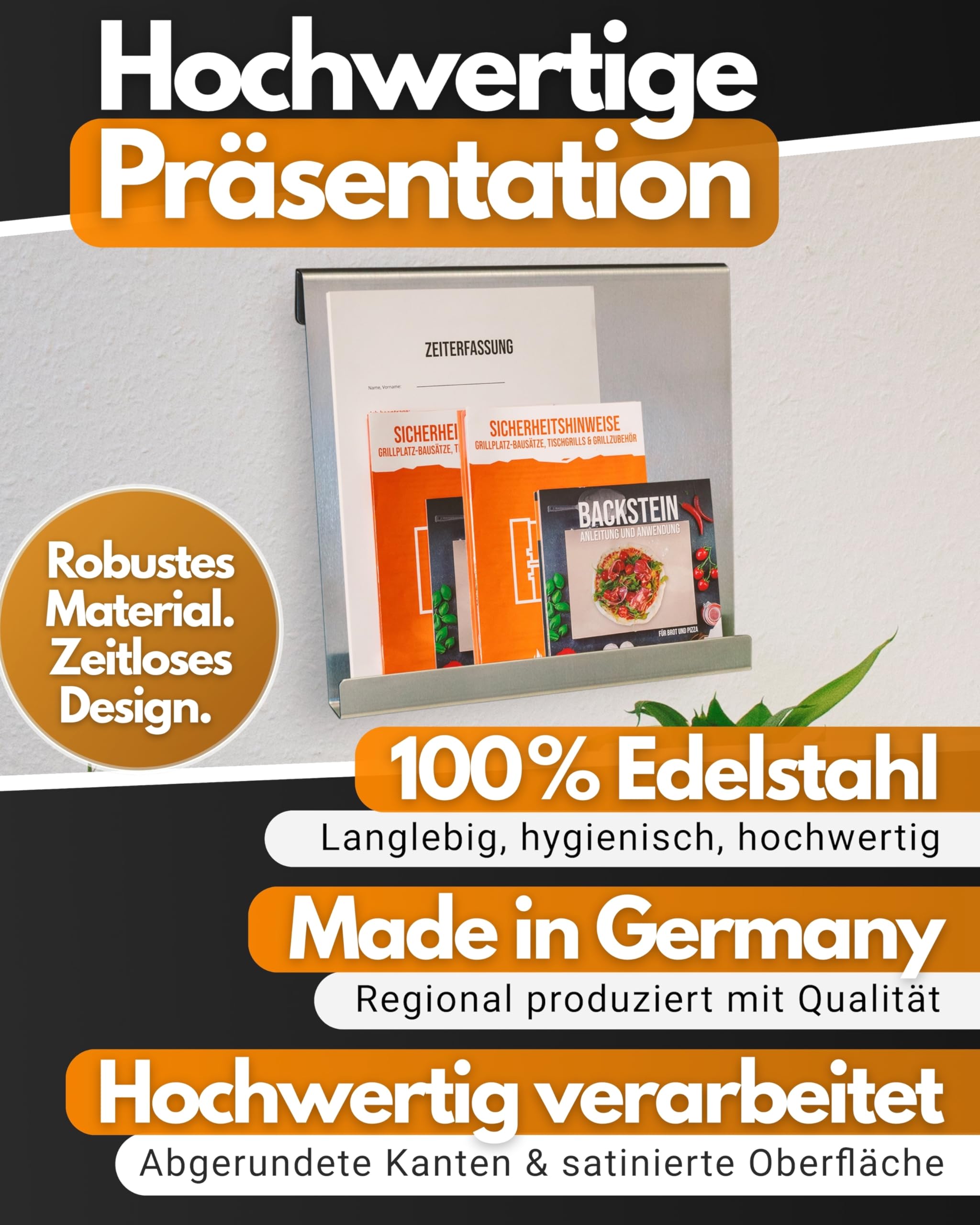 Feuerfest 123 Prospekthalter hoch A4 I Hochwertiger Zeitungshalter zum Hängen I Einfach gekanteter Wandprospekthalter aus 100% rostfreiem Edelstahl I Robuster Flyer-Ständer aus präziser Handarbeit