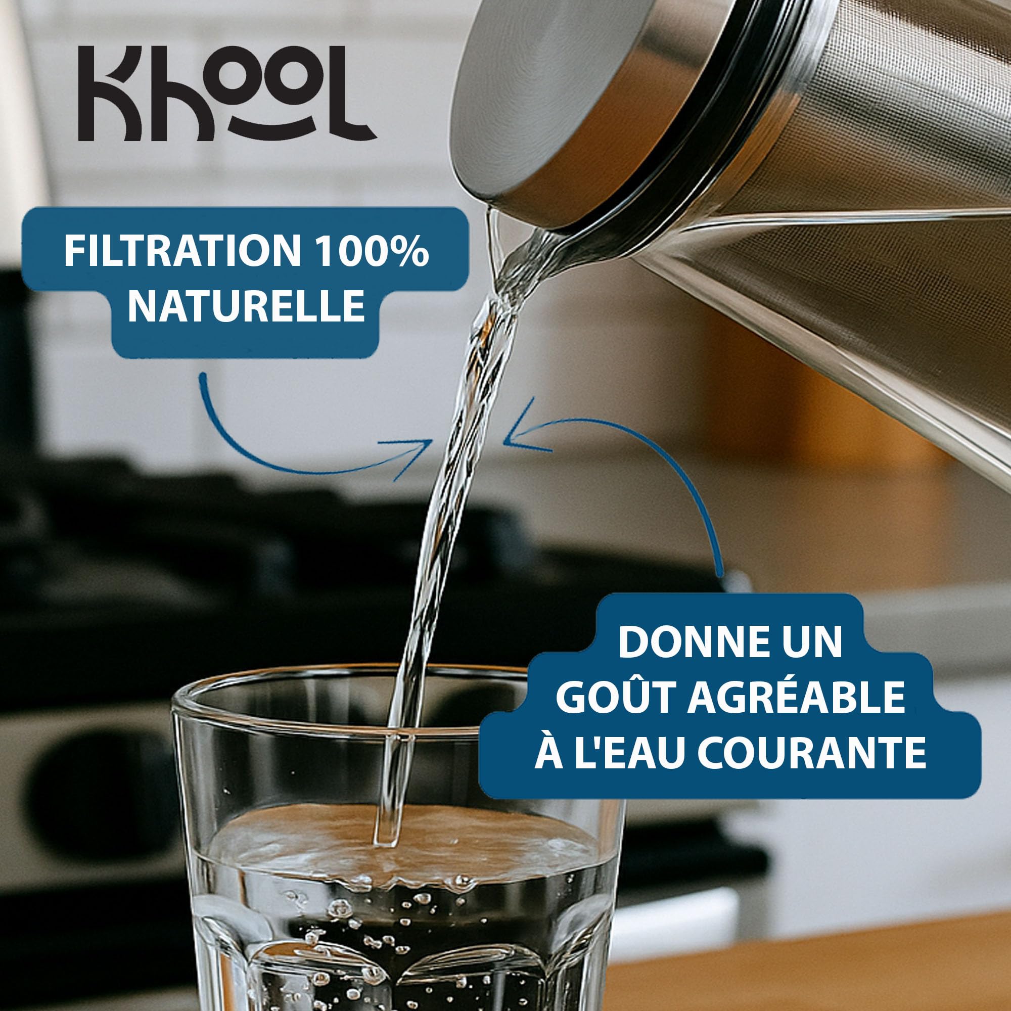 KHOOL - Kit Carafe filtration de l'eau en Verre et Inox + Bâtons Charbon de Bambou et Perles de Céramique - Purifie & améliore le goût de l’eau - Alternative Écologique - Origine France - 1L