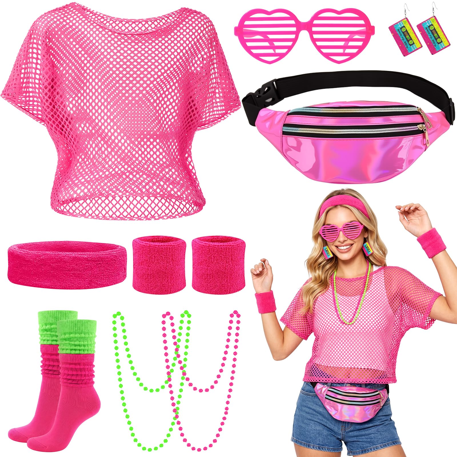 BYLUBON 8Pcs 80s Fancy Dress Women Neon Pink Costume, Bum Bag & Leg Warmers