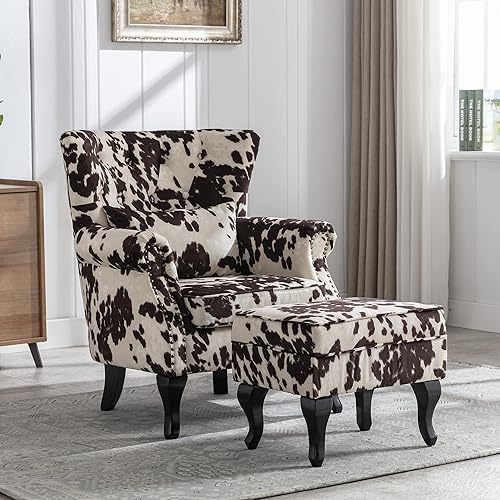 Miniatura 4 de chairus Silla decorativa moderna de mediados de siglo con otomana, cómoda silla individual de terciopelo con botones y respaldo de alas con almohada
