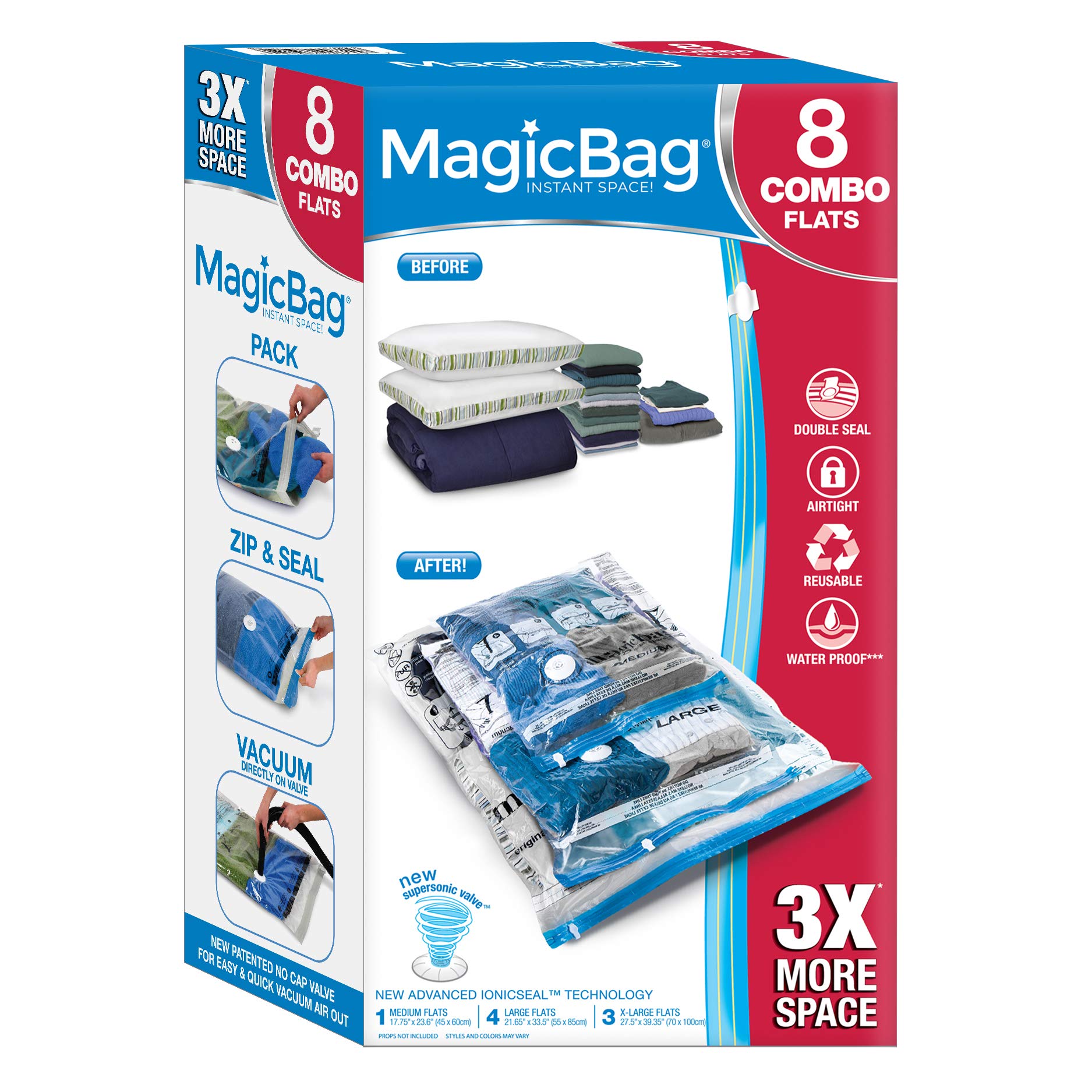 Smart Design MagicBag 8-Pack Variety Combo Flat Vacuum Compression Bags - Instant Space Saver Storage - Airtight Double Zipper - Clothing, Pillows - Home Organization