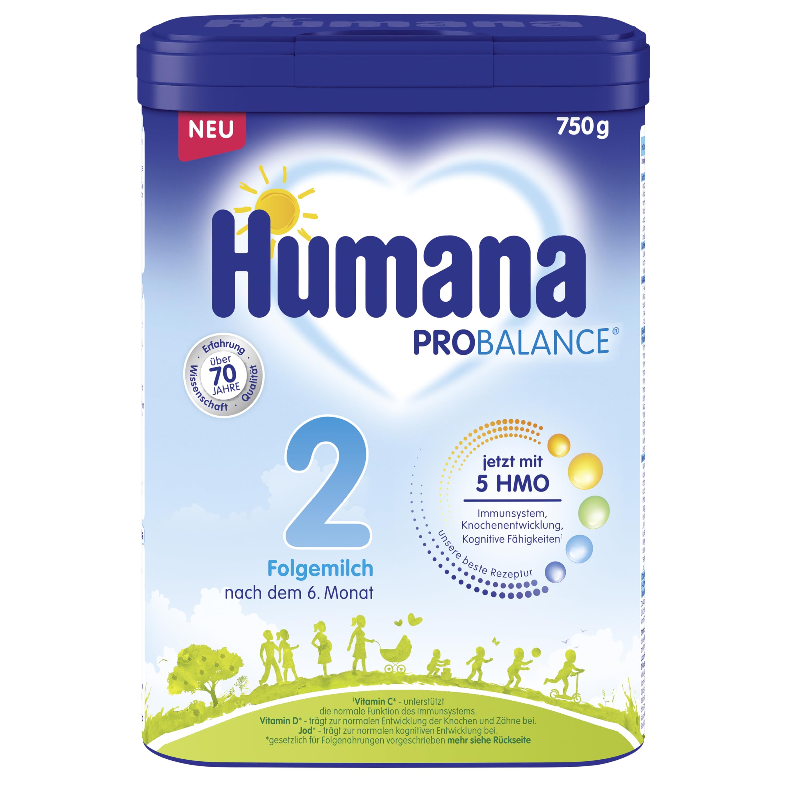 Humana 2 Folgemilch mit 5 HMO - Natürliche Darmgesundheit für Babys ab dem 6; monat, Unterstützt Immunsystem, 750g