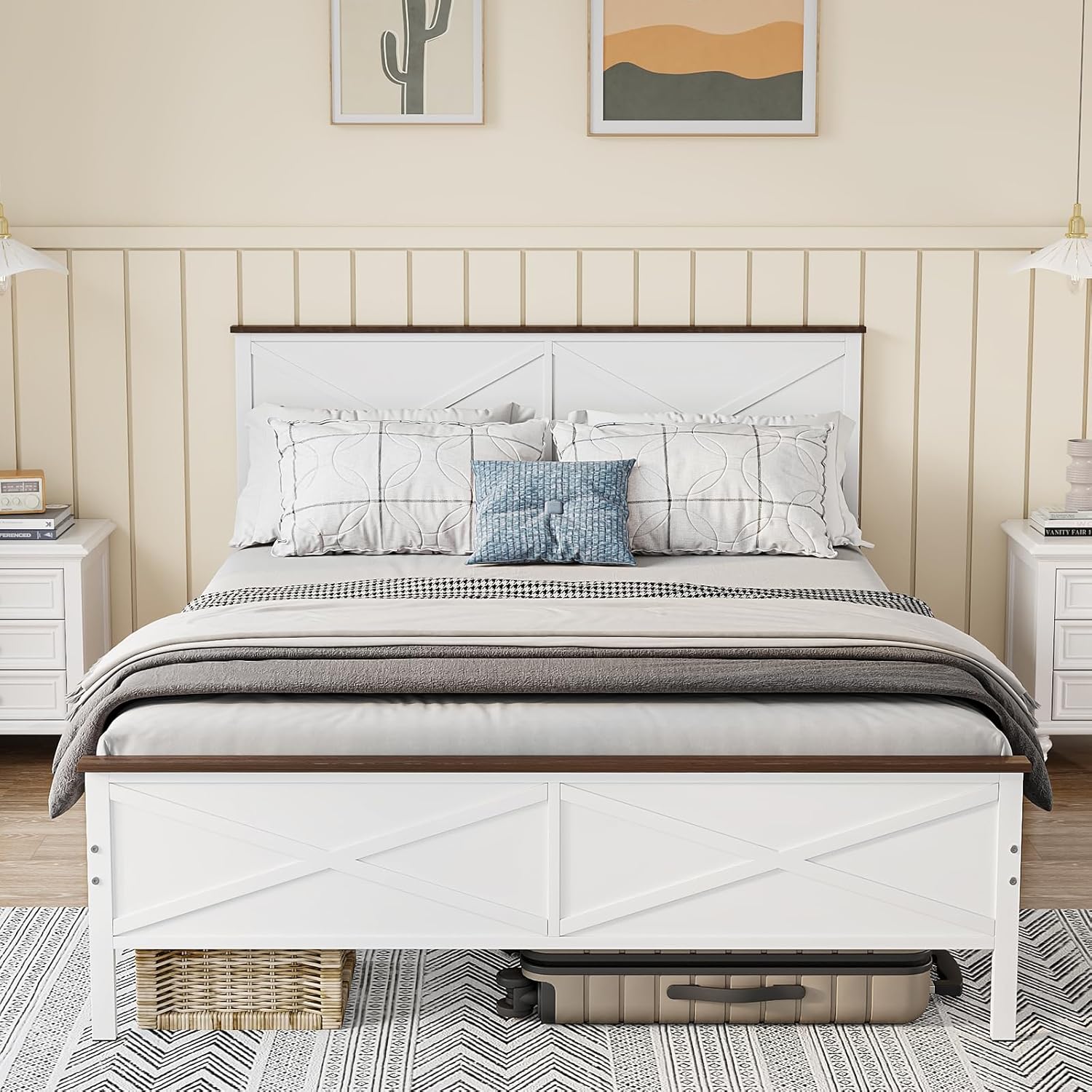 VOPEAK Farmhouse Full Bed Frame with Headboard and Footboard, Bed Frame Full Size Metal Platform with Under Bed Storage, Noise Free, No Box Spring Needed, Easy to Install, Sturdy & Stable, White