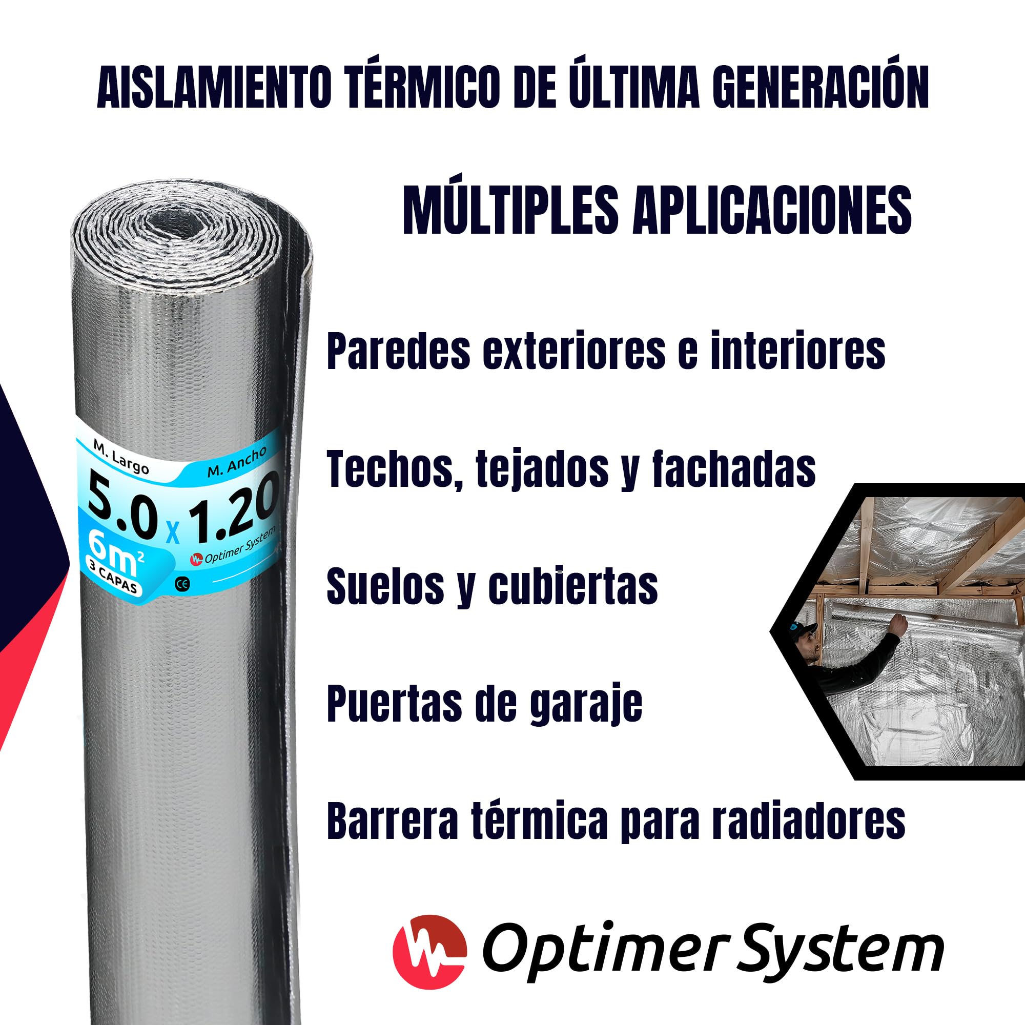 AISLANTE TERMICO MULTIUSOS| Reduce el Frio y el Calor | Rollo Aislante Termico para Ventana, Pared, Suelo, Techo, Coche, Garaje,Camper (5x1.20m | 6m² sin Cintas)
