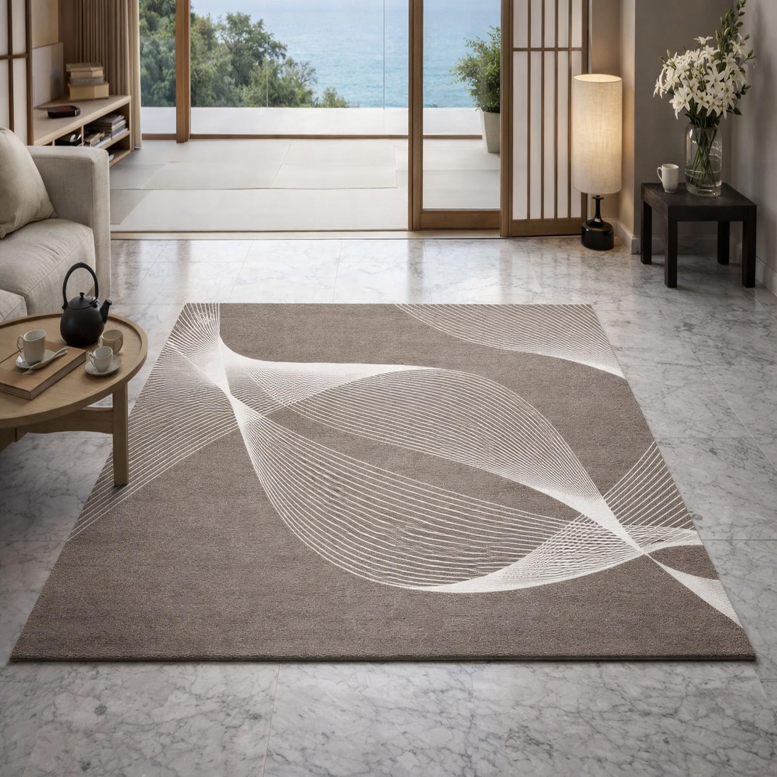 Tapis de salon abstrait moderne gris et blanc 120x200 cm à poils ras
