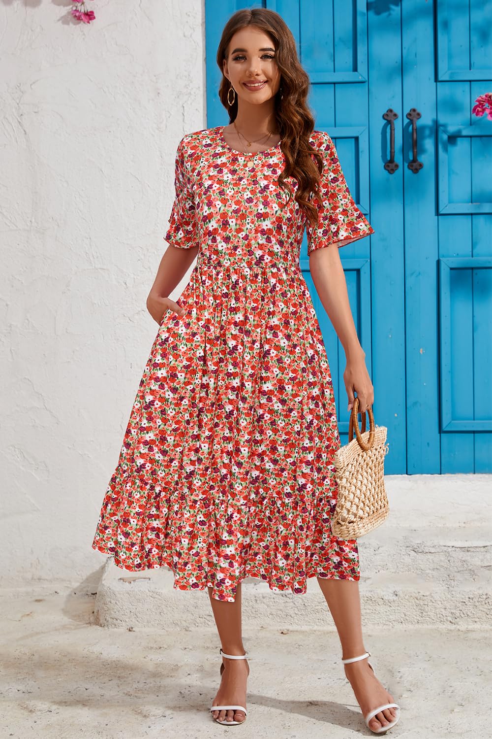 STYLEWORD Mujeres Verano Vestido de Manga Corta Largo Midi Playa Vestido de Vacaciones