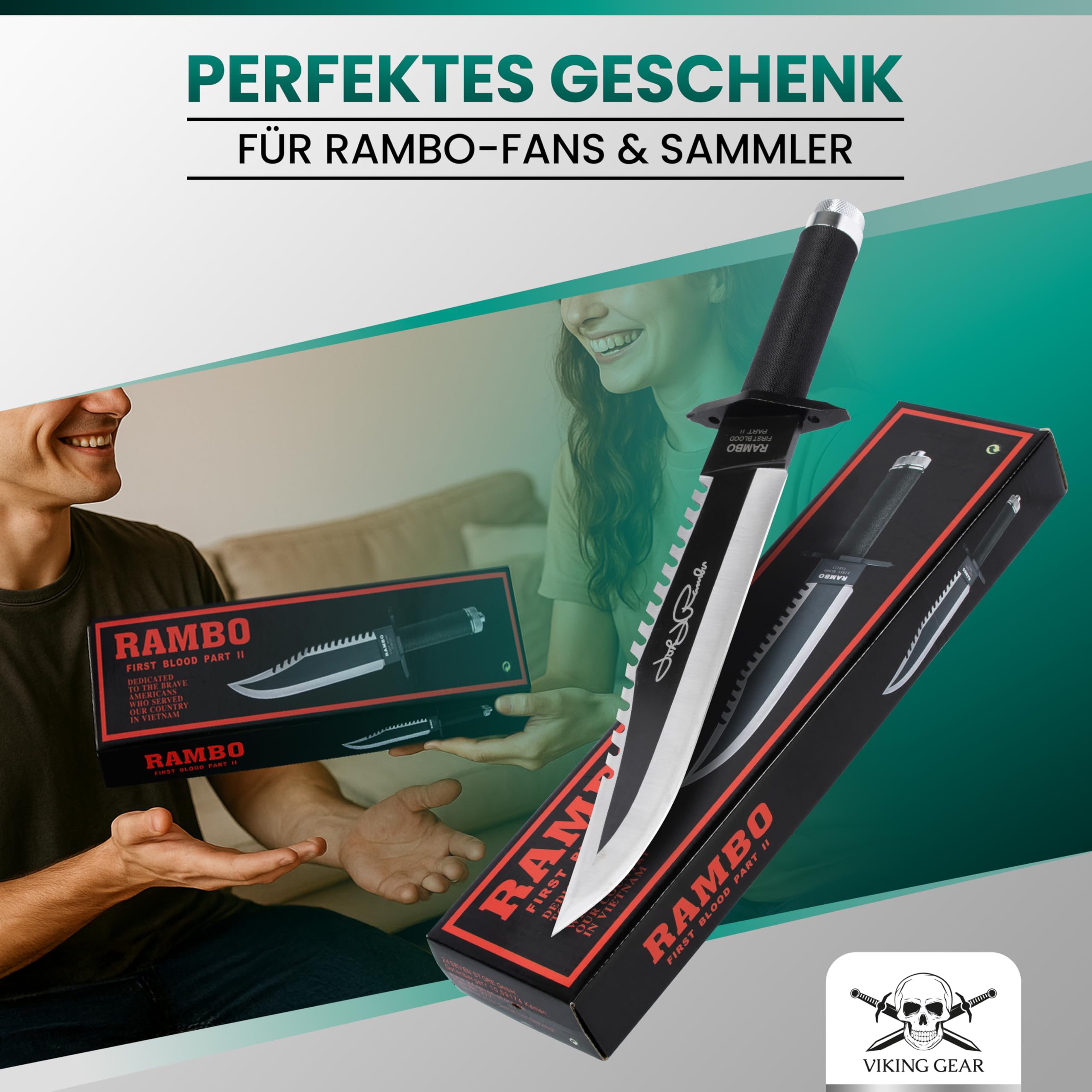 VIKING GEAR Rambo John Rambo First Blood Part II Signature Edition nóż do rambo z kompasem, haczyk do wędkowania ze sznurkiem, plastry, zapałką i pochwą na noże ze skóry PU