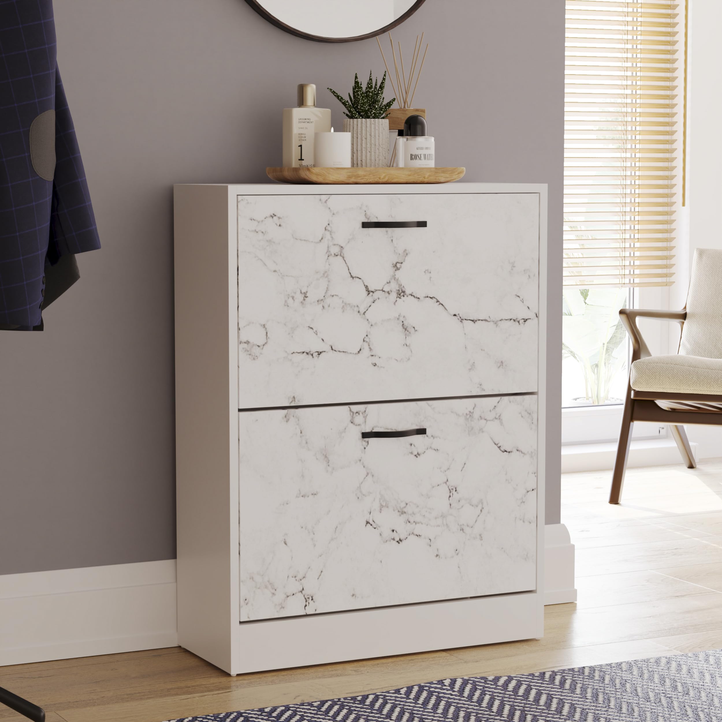 Vida Designs Shoe Cabinet, Wooden Shoe Storage Unit with 2 Pull-Down Drawers, Multifunctional Dust-Proof Space-Saving Slim Design Cupboard for Hallway or Entryway (White Marble) — image 1