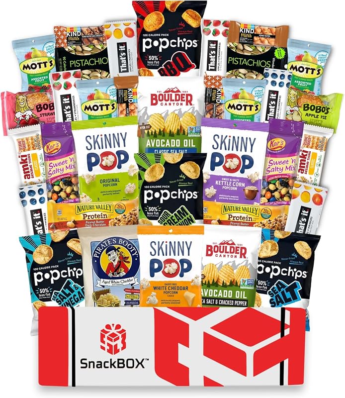 Snack BOX Gluten Free Healthy Care Package (34 Count) Fathers Day Holiday, Teachers, Back to School, College, Students, Exams, Gift Baskets, Birthday, Office, Over 3 LBS of Variety Pack Chips, Popcorn, Bars.