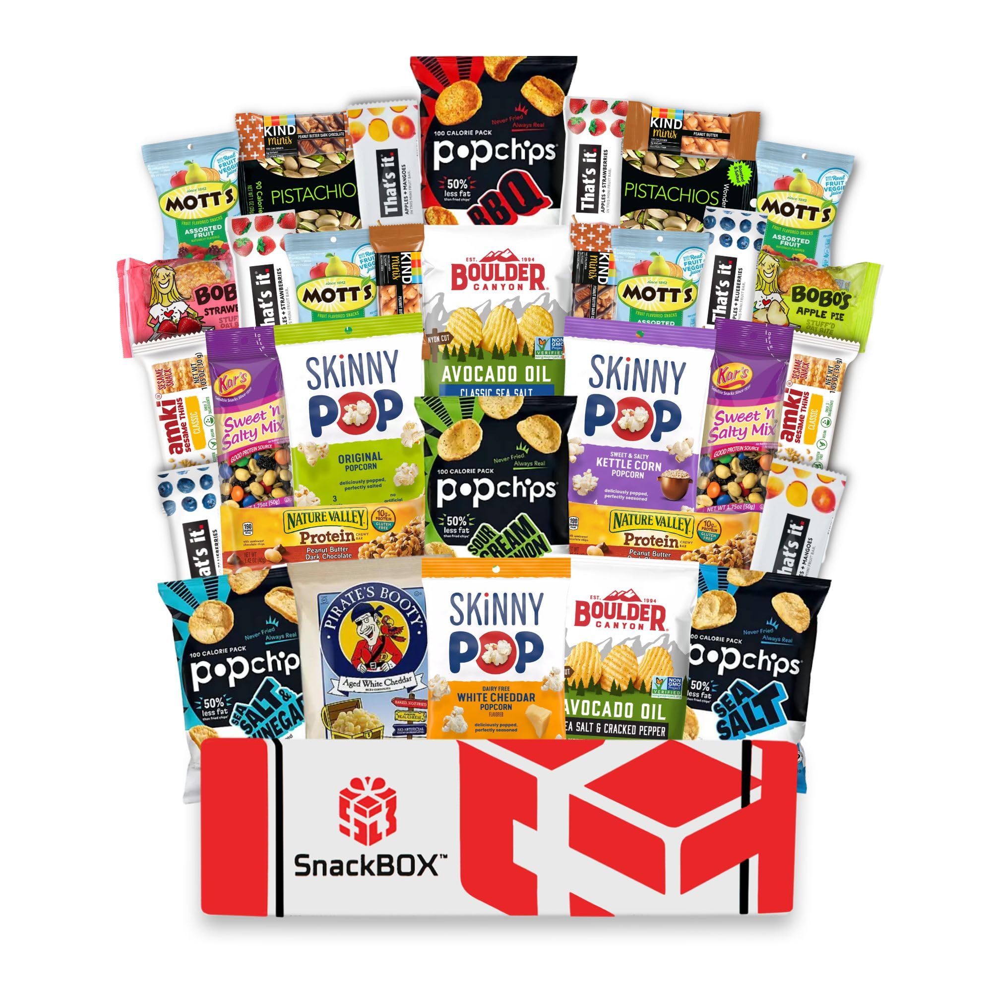 Snack BOX Gluten Free Healthy Care Package (34 Count) Fathers Day Holiday, Teachers, Back to School, College, Students, Exams, Gift Baskets, Birthday, Office, Over 3 LBS of Variety Pack Chips, Popcorn, Bars.