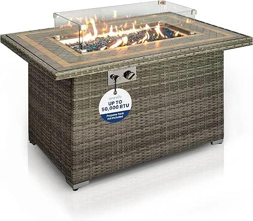 SereneLife Sturdy Wicker Base Propane Fire Pit Table with Tile