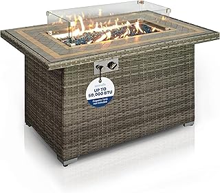SereneLife Sturdy Wicker Base Propane Fire Pit Table with Tile Top, Pati...