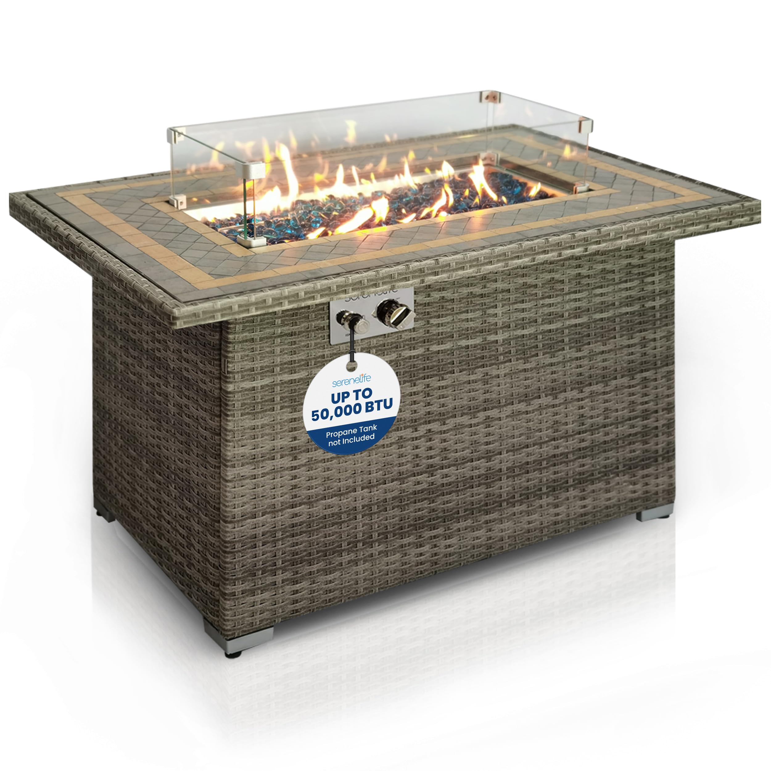 serenelife outdoor propane fire pit table- 50,000 btu auto-ignition gas fire pit w/glass wind guard, mosaic tiles tabletop & clear glass rock for outdoor cooking & grilling