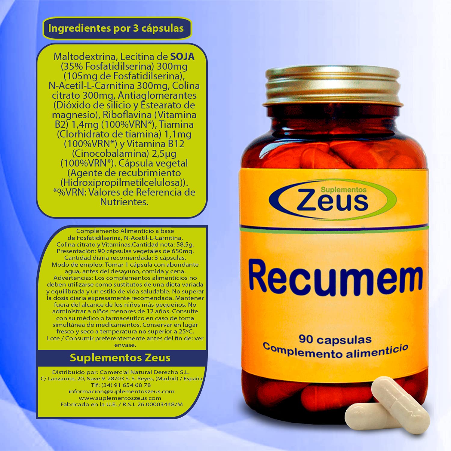 Suplementos Zeus RECUMEM | Contribuye a mejorar la memoria y otras funciones cognitivas | 100% Vegano | 90 Caps Veg