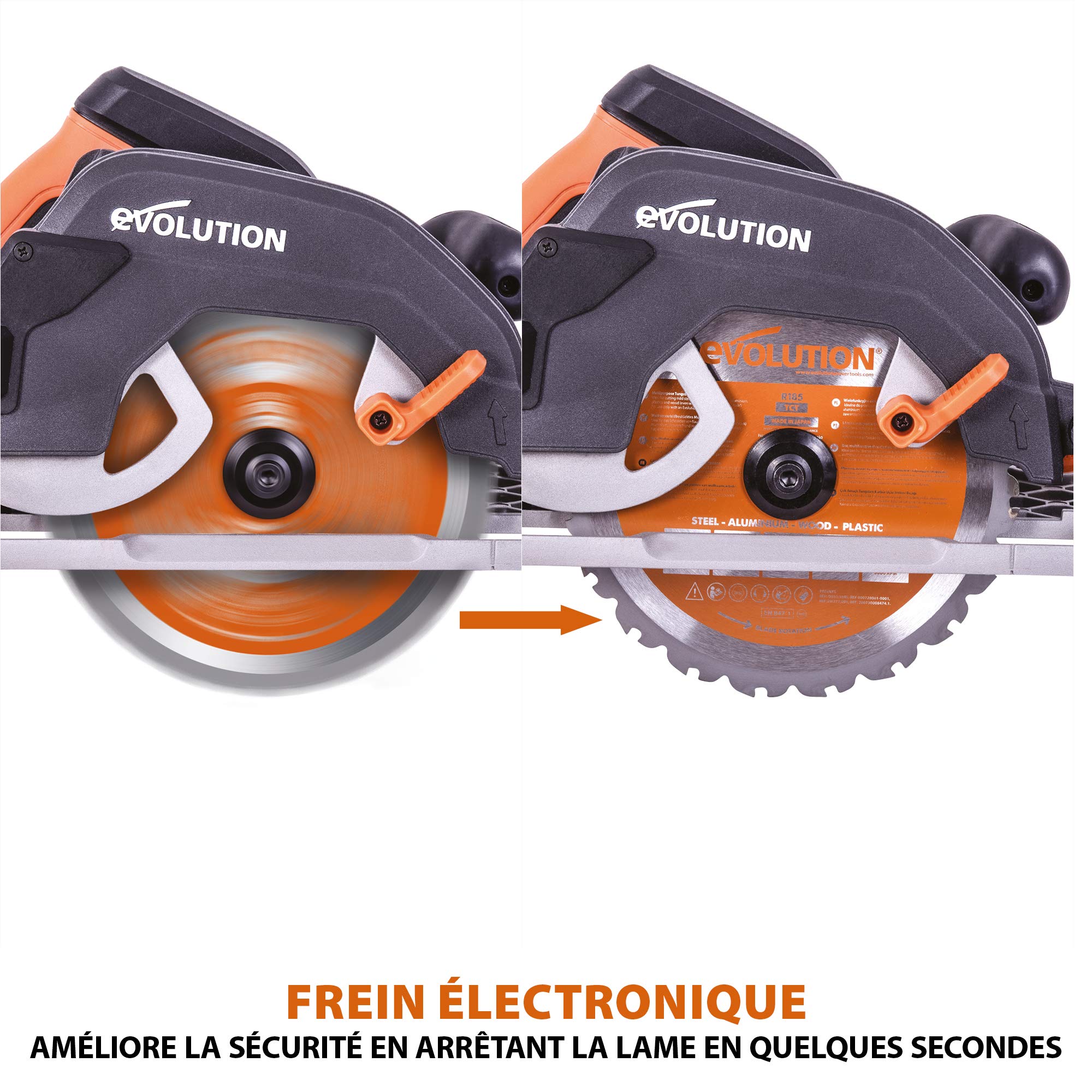 Evolution Power Tools Scie Circulaire avec Rail 3 Pièces de 1020 mm - Lame Multi-Matériaux, Coupe le Bois, le Métal, le Plastique - Adaptateur de Prise de Poussières inclus - 185mm, 230v - R185CCSX