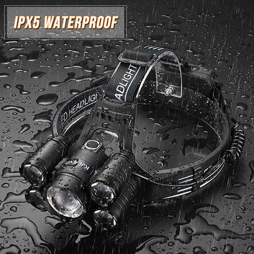 Miniatura 4 de Linterna frontal recargable, 2000 lúmenes, ultra brillante, 5 LED, para adultos, linterna impermeable con zoom, luz de casco duro para trabajo al