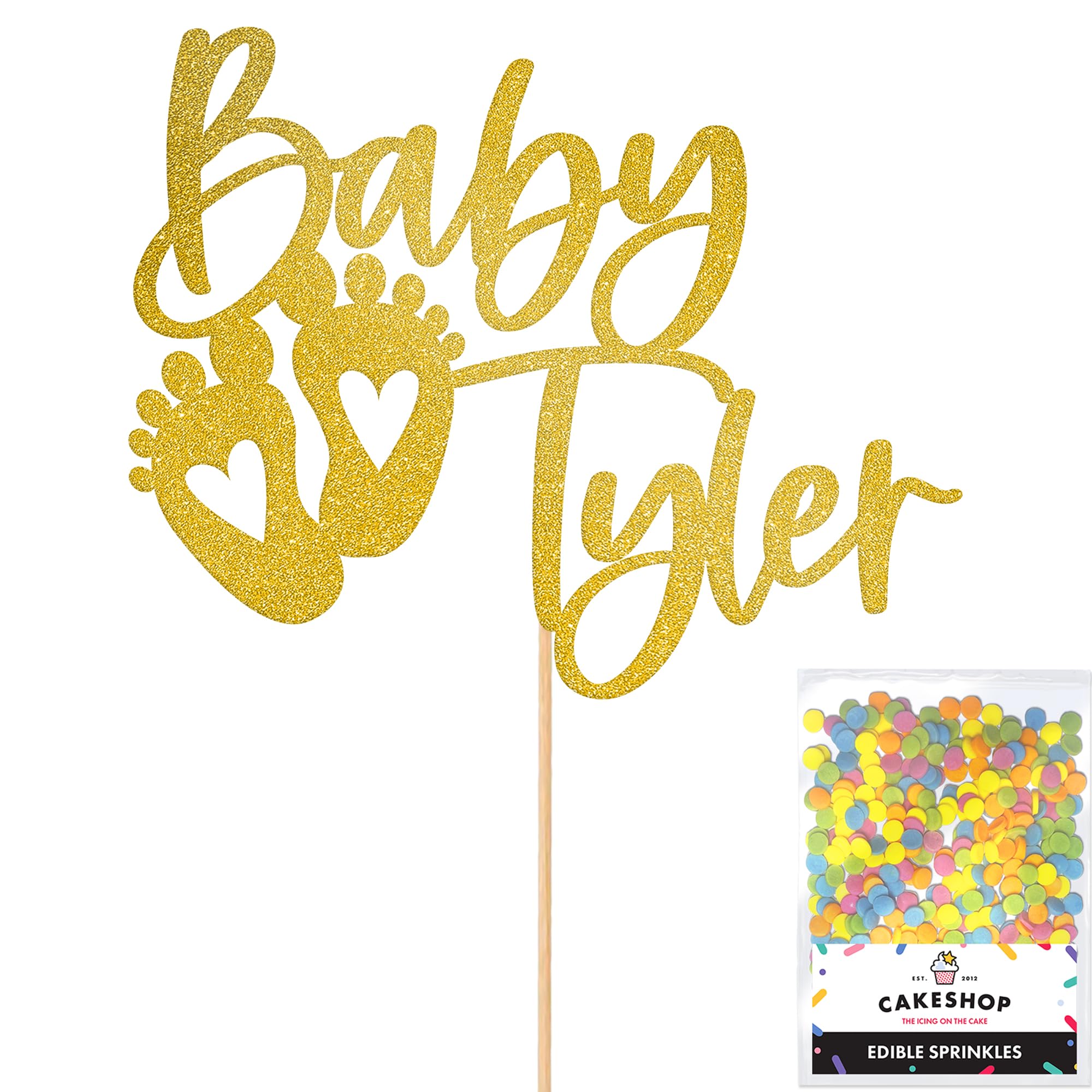 Cakeshop Personalised Baby Glitter Cake Topper With Sprinkles - Gold Custom Colour - Any Name - Double-Sided Glitter Card Cake Decoration - Custom Toppers for Cakes
