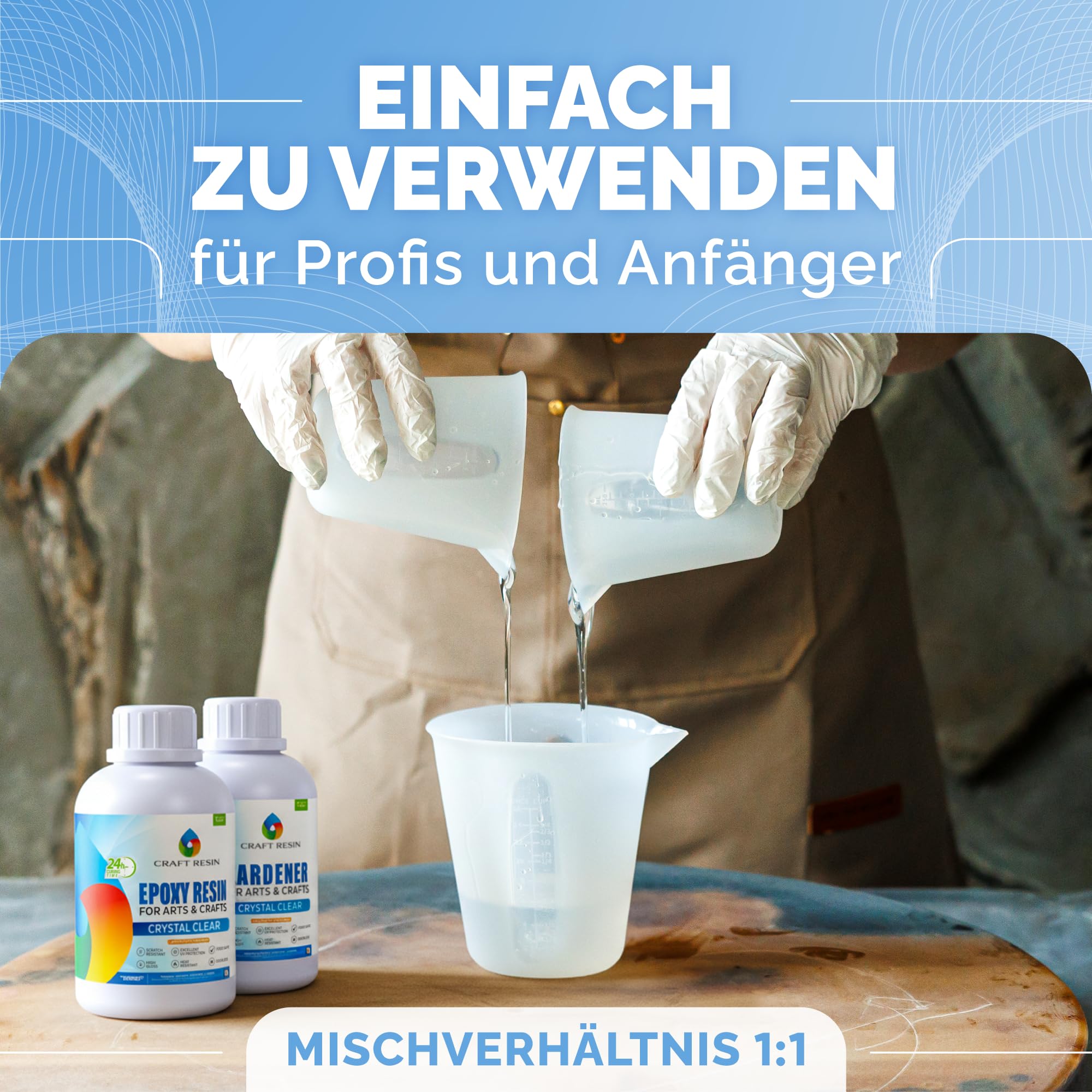 Craft Resin 1L Epoxidharz Set - Transparent Epoxid Harz, Harz Gießen & Härter für Kunstwerke Gießharz, DIY, Holz, Untersetzer & Gießformen, Lebensmittelsicheres - Hitze- & UV-Beständig